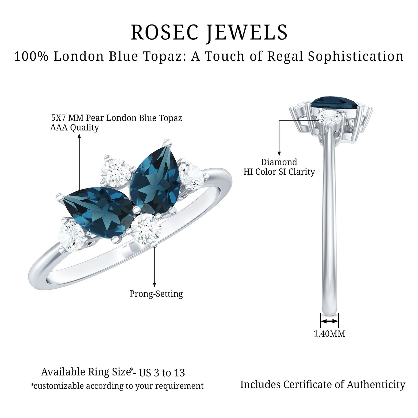 Genuine London Blue Topaz and Diamond 2 Stone Promise Ring