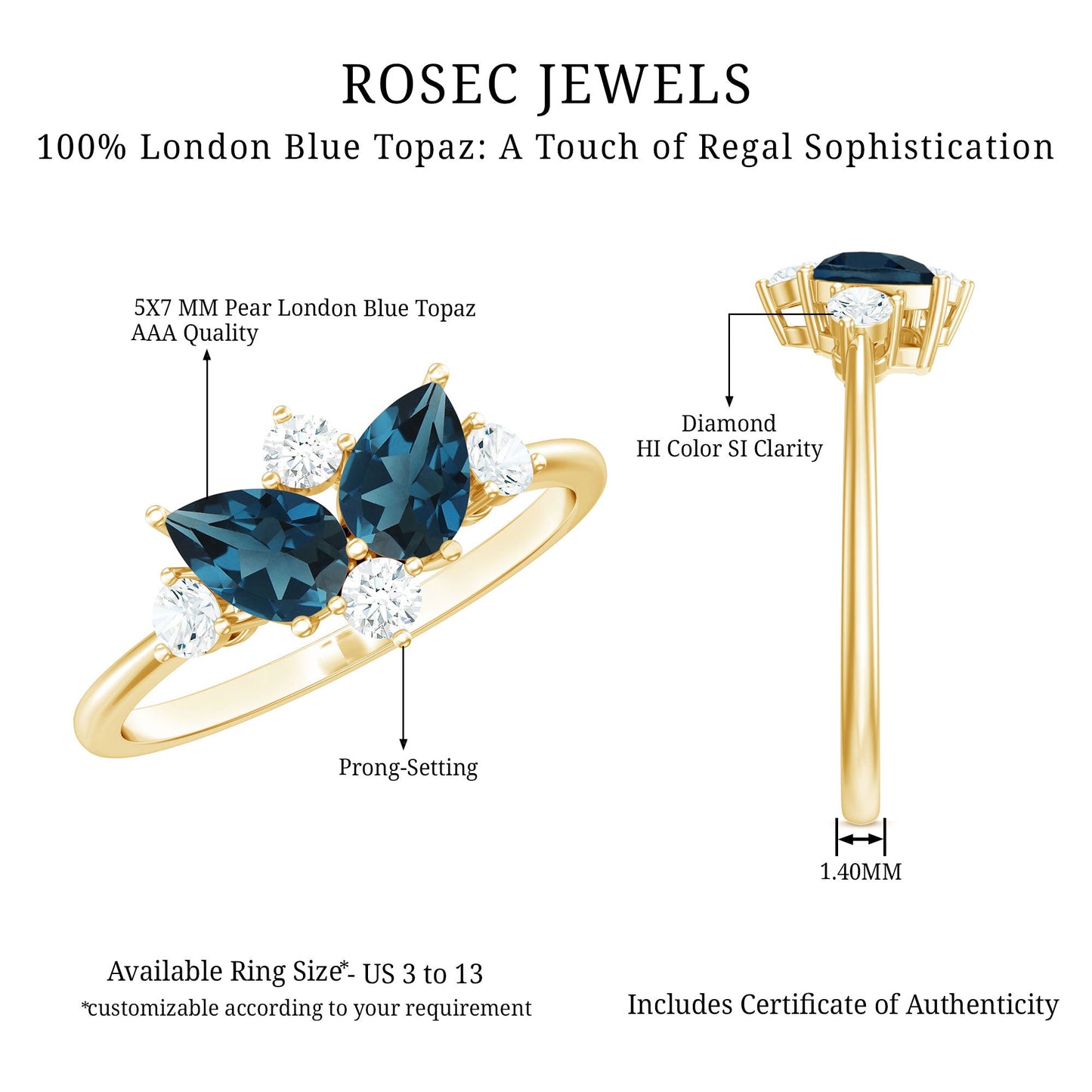Genuine London Blue Topaz and Diamond 2 Stone Promise Ring