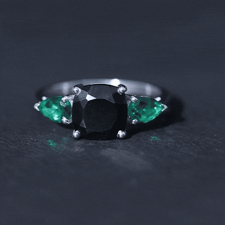 2.8 Carat Certified Lab Grown Black Diamond 3 Stone Engagement Ring with Emerald