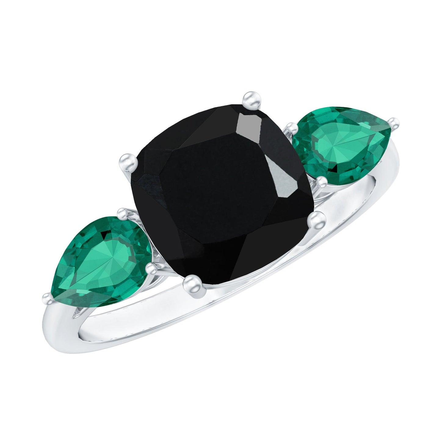 2.8 Carat Certified Lab Grown Black Diamond 3 Stone Engagement Ring with Emerald