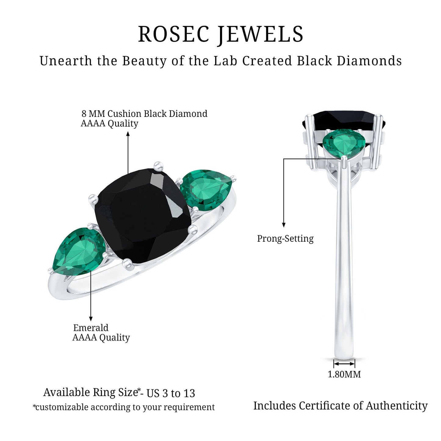 2.8 Carat Certified Lab Grown Black Diamond 3 Stone Engagement Ring with Emerald
