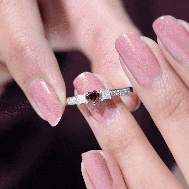Natural Garnet Heart Shaped Promise Ring with Diamond