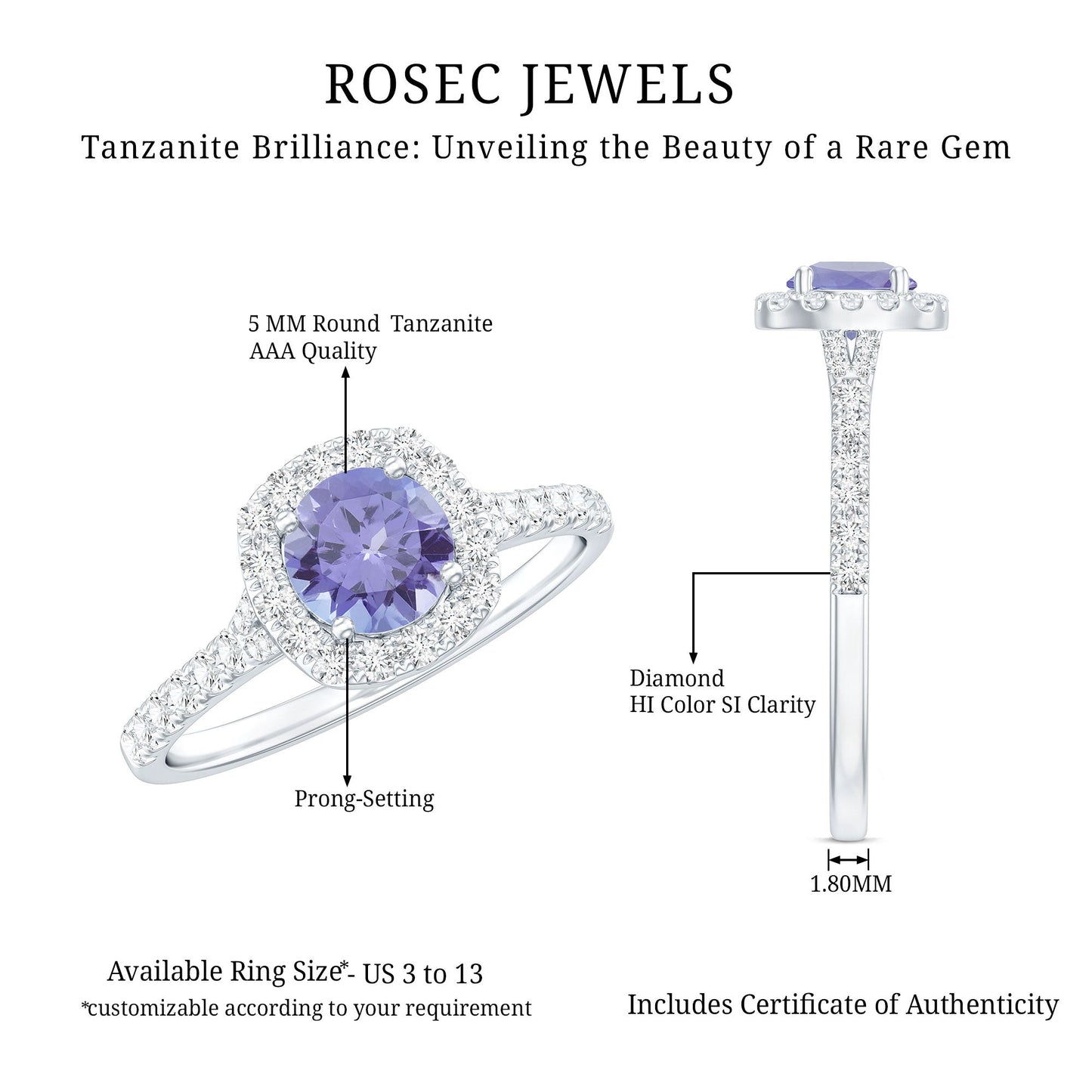 Genuine Tanzanite Halo Engagement Ring with Diamond
