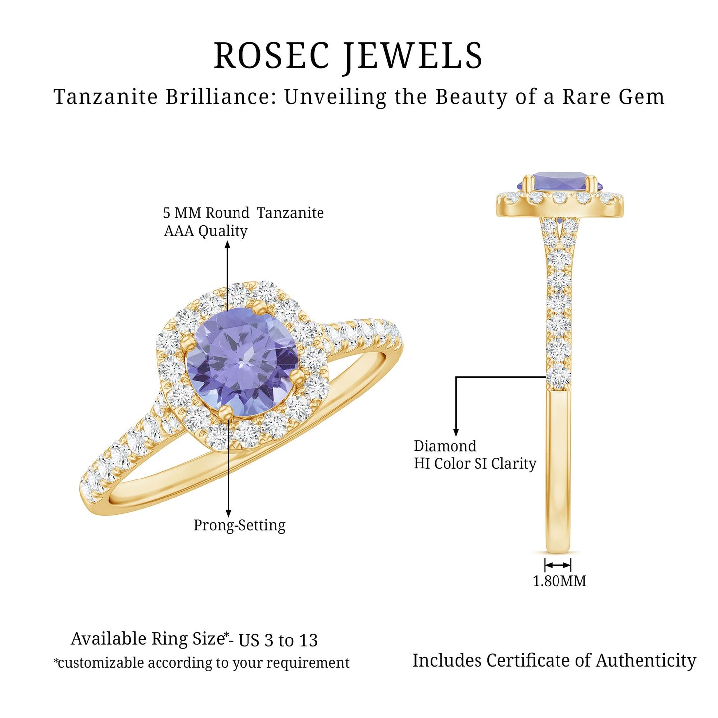Genuine Tanzanite Halo Engagement Ring with Diamond