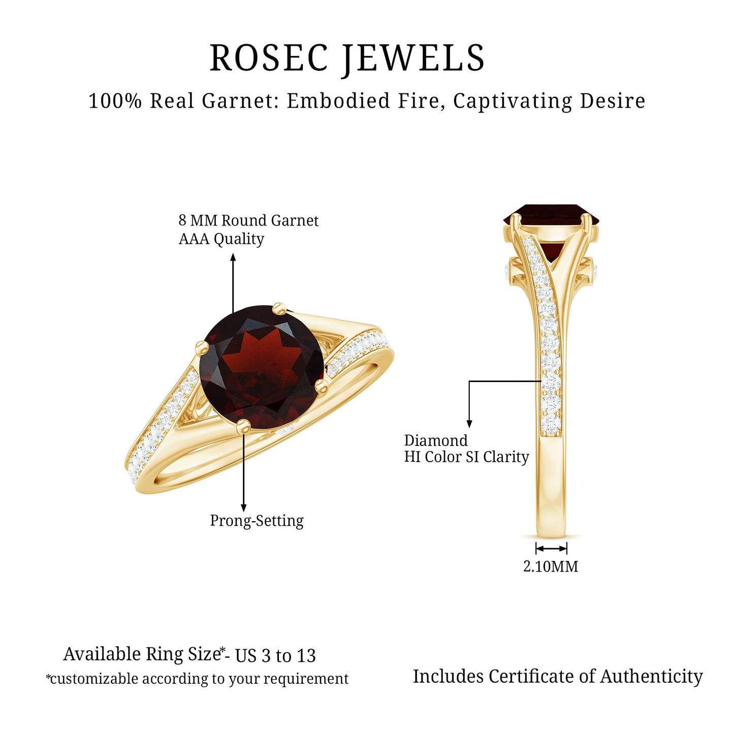 Natural Garnet Solitaire Engagement Ring with Diamond Split Shank