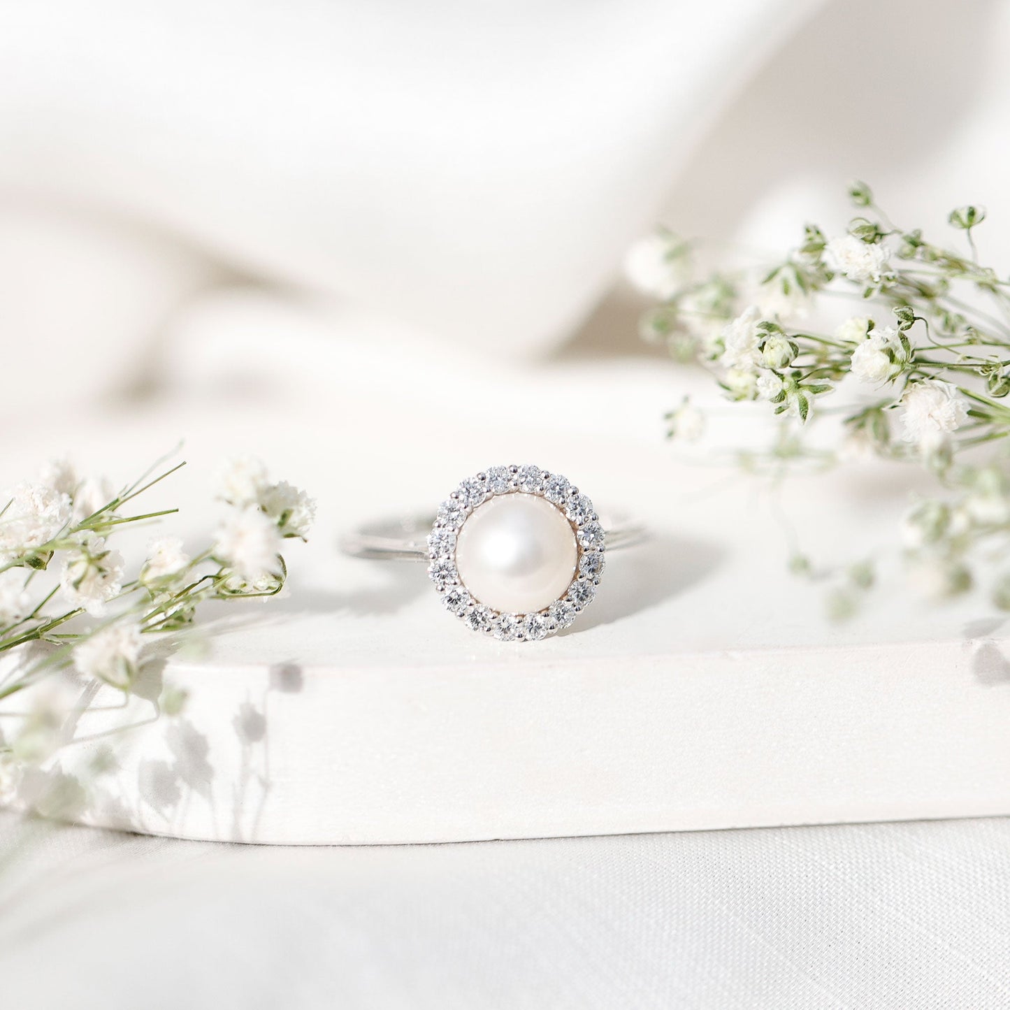 Real 7.4 Carat Freshwater Pearl Engagement Ring with Diamond Halo