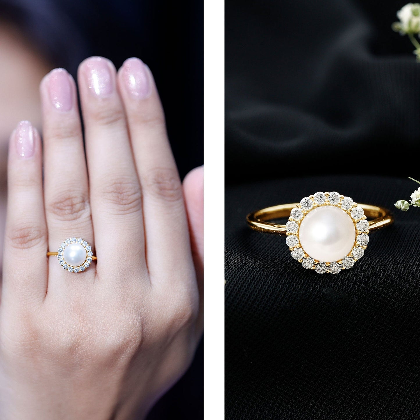 Real 7.4 Carat Freshwater Pearl Engagement Ring with Diamond Halo