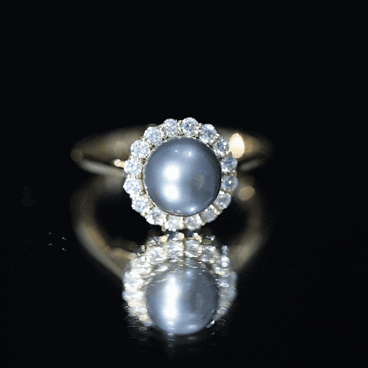 Natural Tahitian Pearl and Diamond Halo Engagement Ring