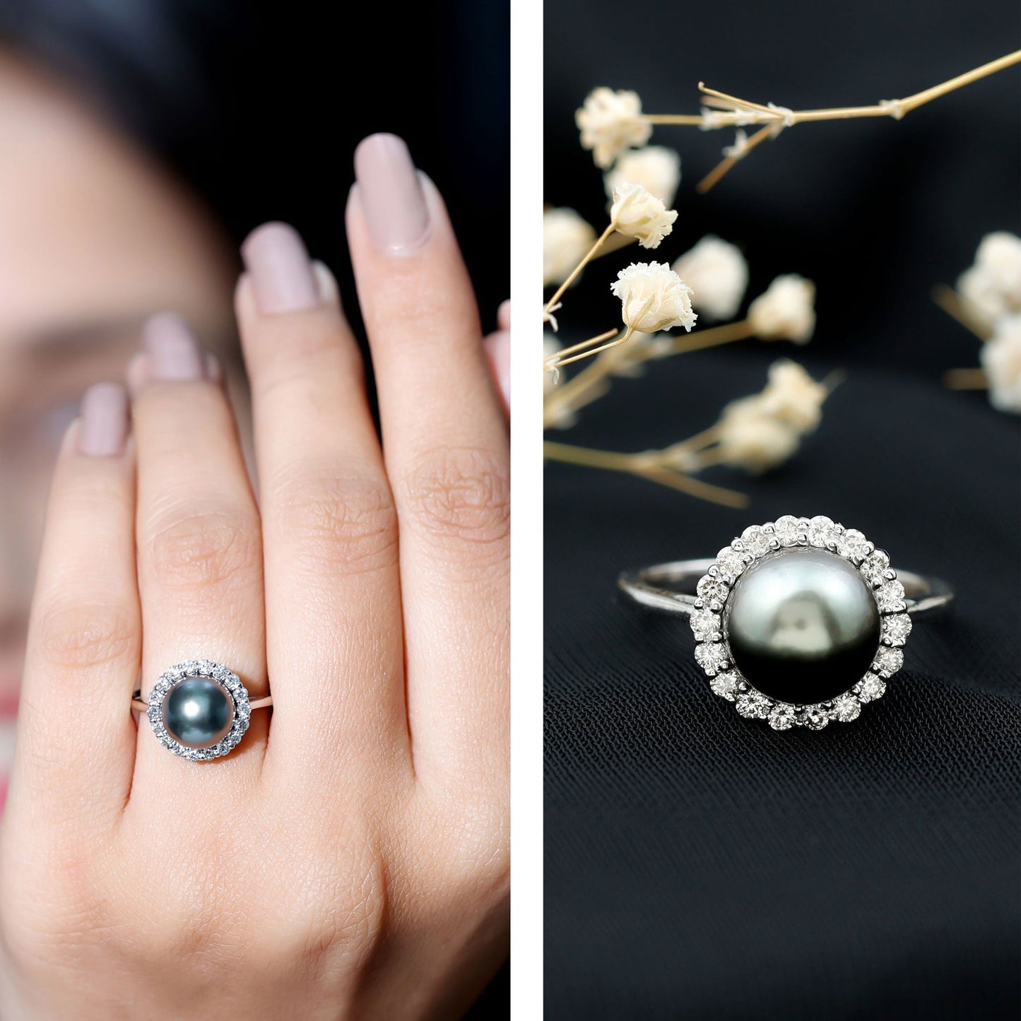 Natural Tahitian Pearl and Diamond Halo Engagement Ring
