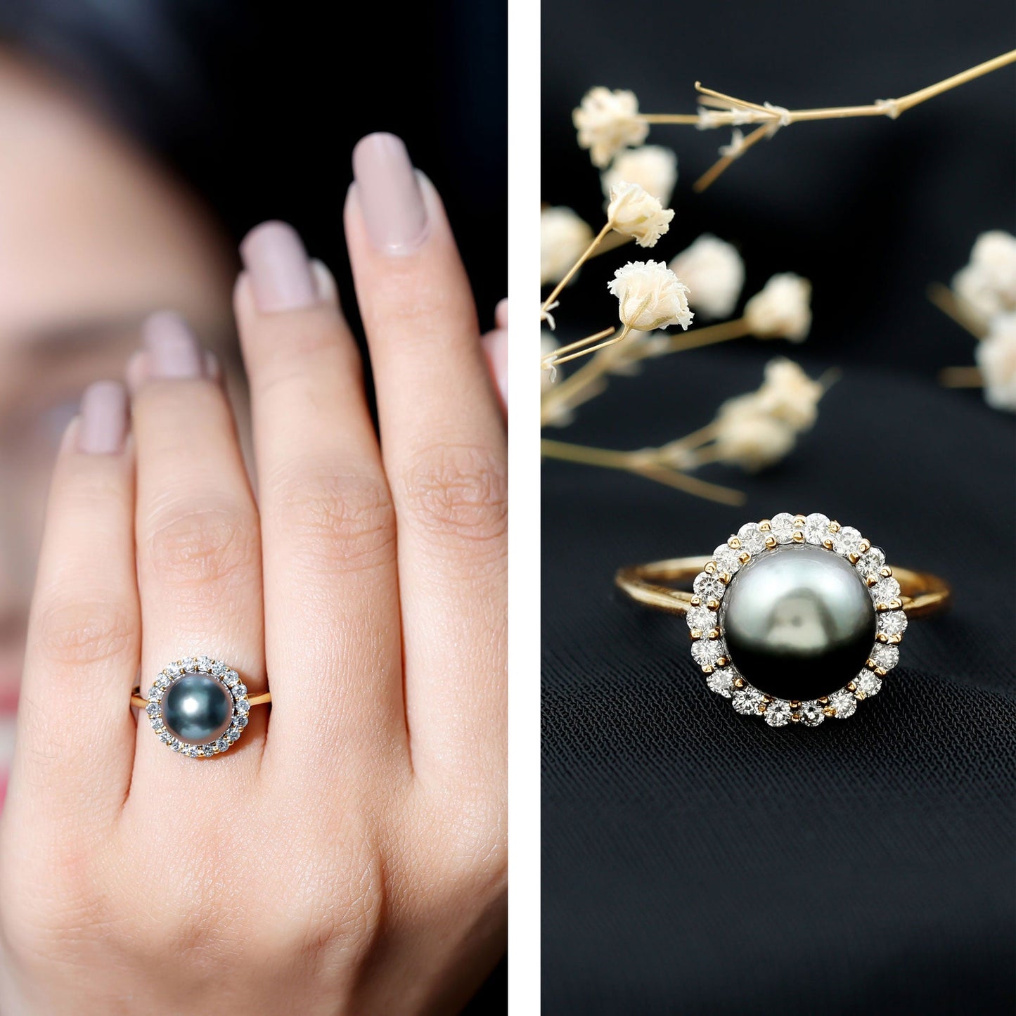 Natural Tahitian Pearl and Diamond Halo Engagement Ring