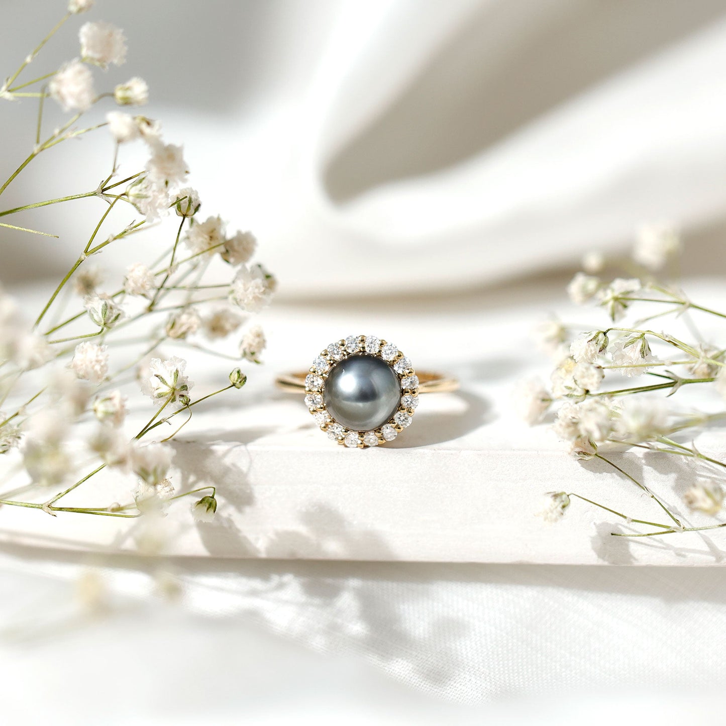 Natural Tahitian Pearl and Diamond Halo Engagement Ring