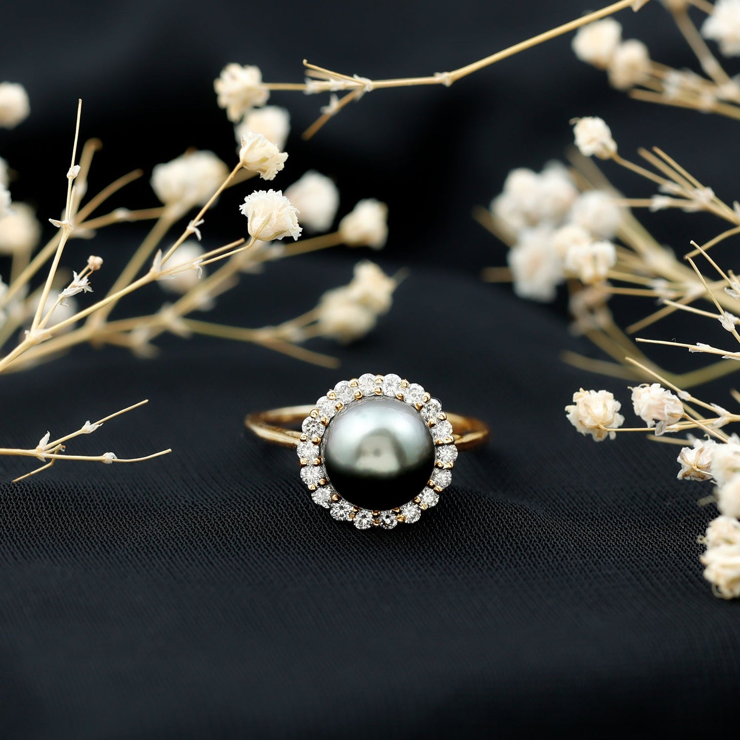 Natural Tahitian Pearl and Diamond Halo Engagement Ring