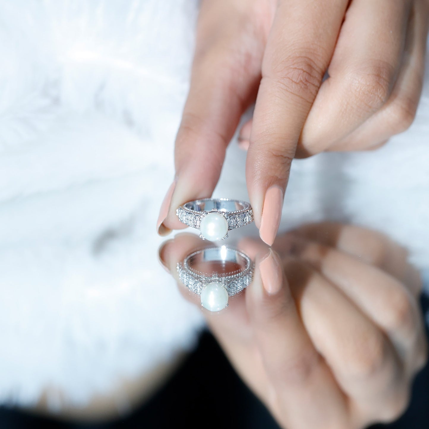 Nature Inspired 7.4 Carat Freshwater Pearl Diamond Engagement Ring