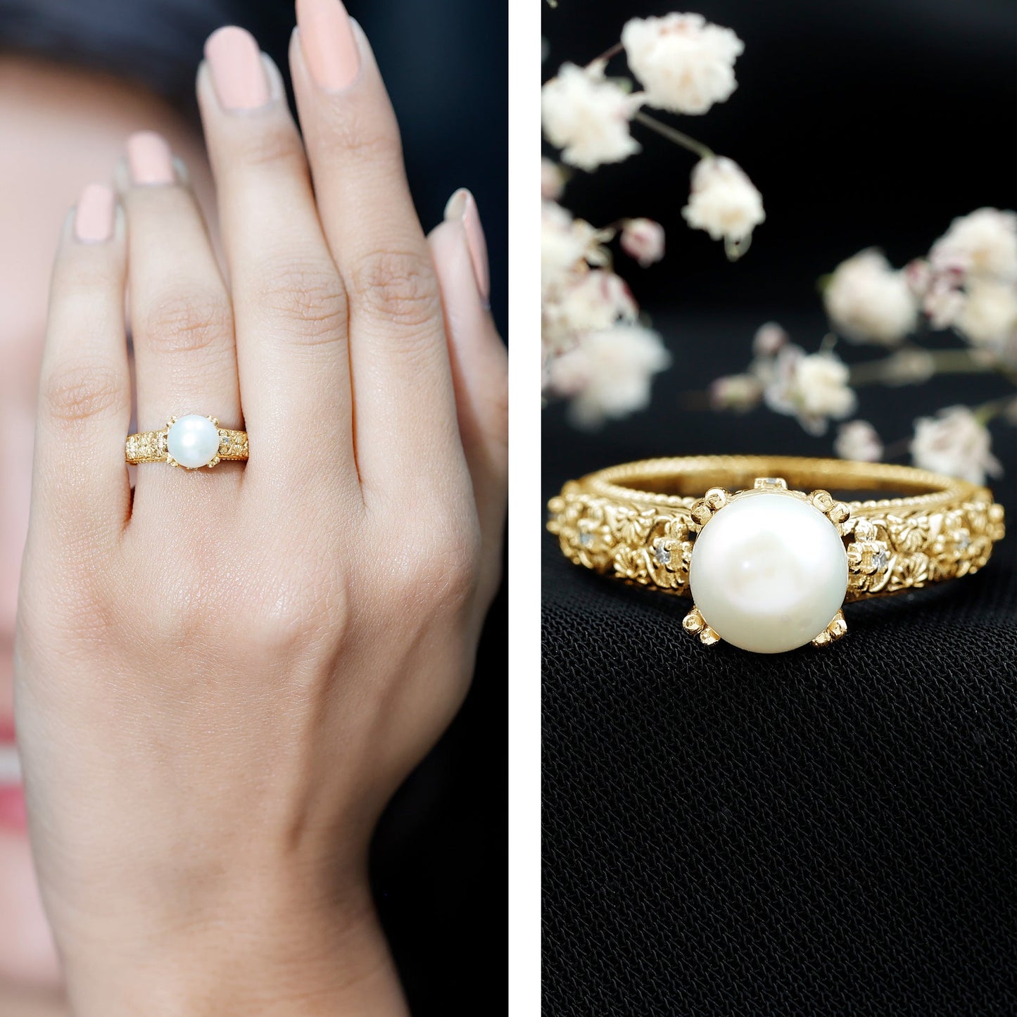 Nature Inspired 7.4 Carat Freshwater Pearl Diamond Engagement Ring