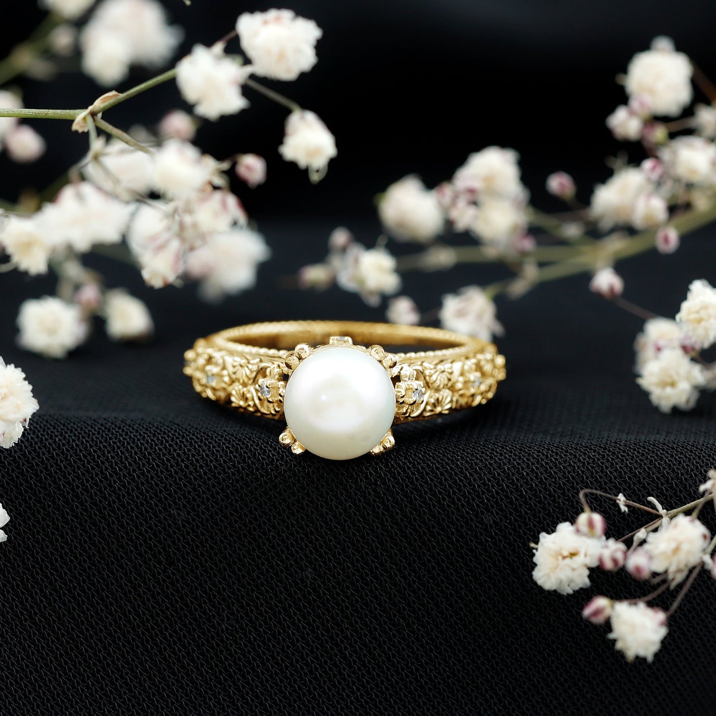 Nature Inspired 7.4 Carat Freshwater Pearl Diamond Engagement Ring