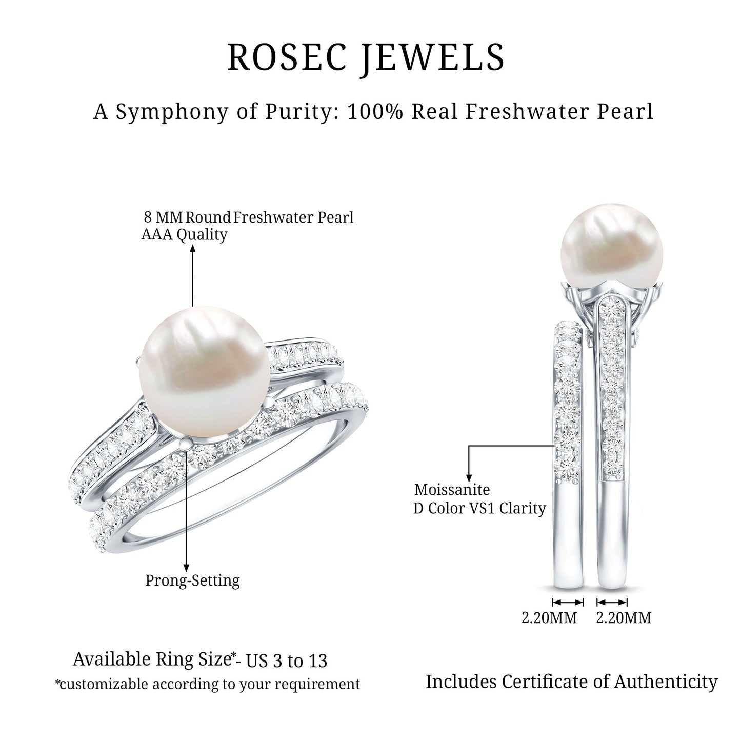Natural White Pearl Wedding Bridal Ring Set with Moissanite