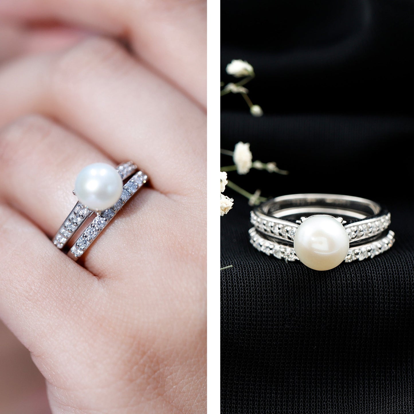 Natural White Pearl Wedding Bridal Ring Set with Moissanite