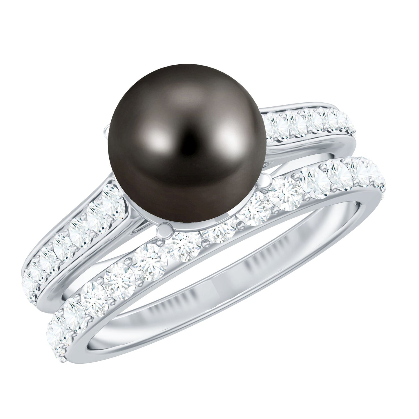 Elegant Wedding Ring Set with 7.5 Carat Tahitian Pearl and Moissanite