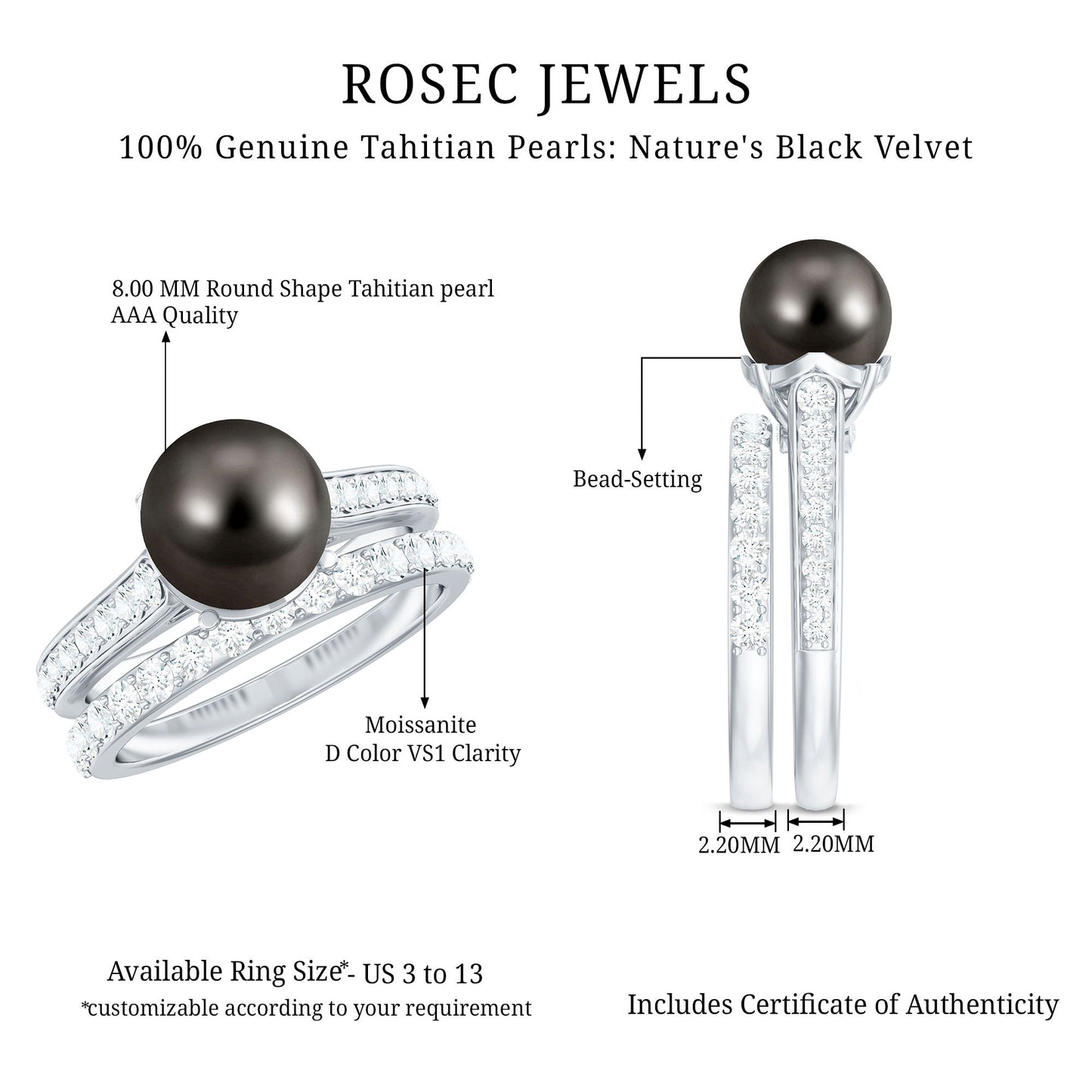 Elegant Wedding Ring Set with 7.5 Carat Tahitian Pearl and Moissanite
