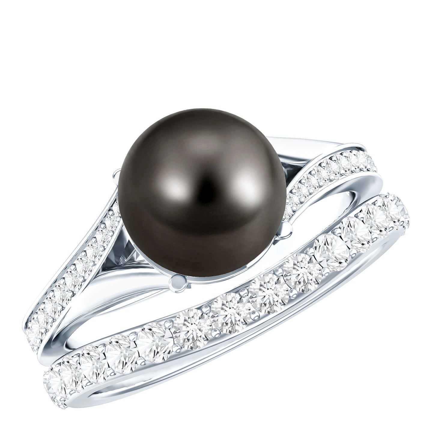 Designer Tahitian Black Pearl Wedding Ring Set with Moissanite