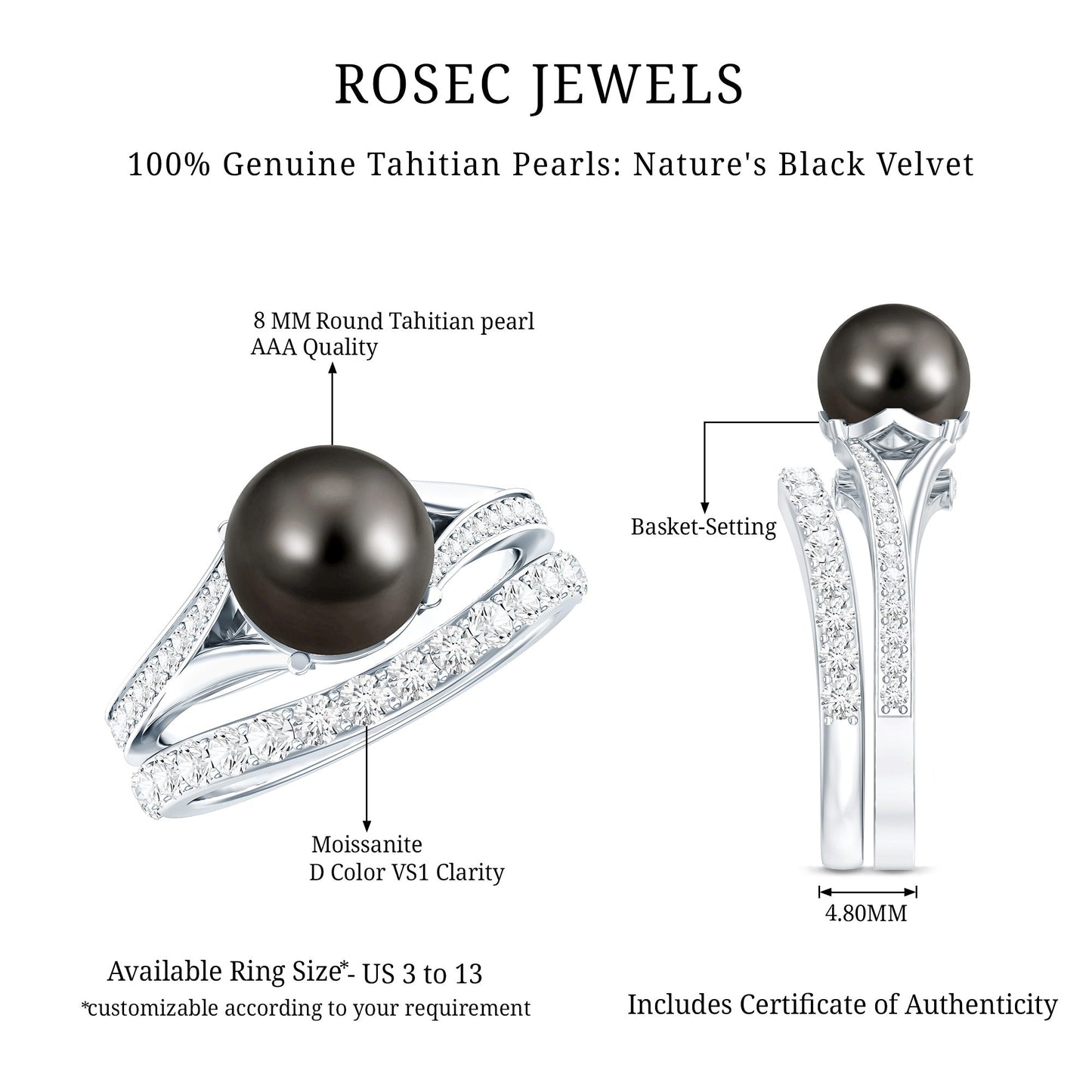 Designer Tahitian Black Pearl Wedding Ring Set with Moissanite