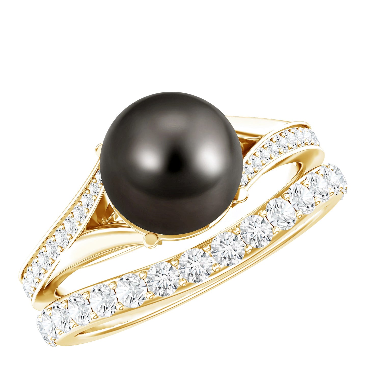 Designer Tahitian Black Pearl Wedding Ring Set with Moissanite