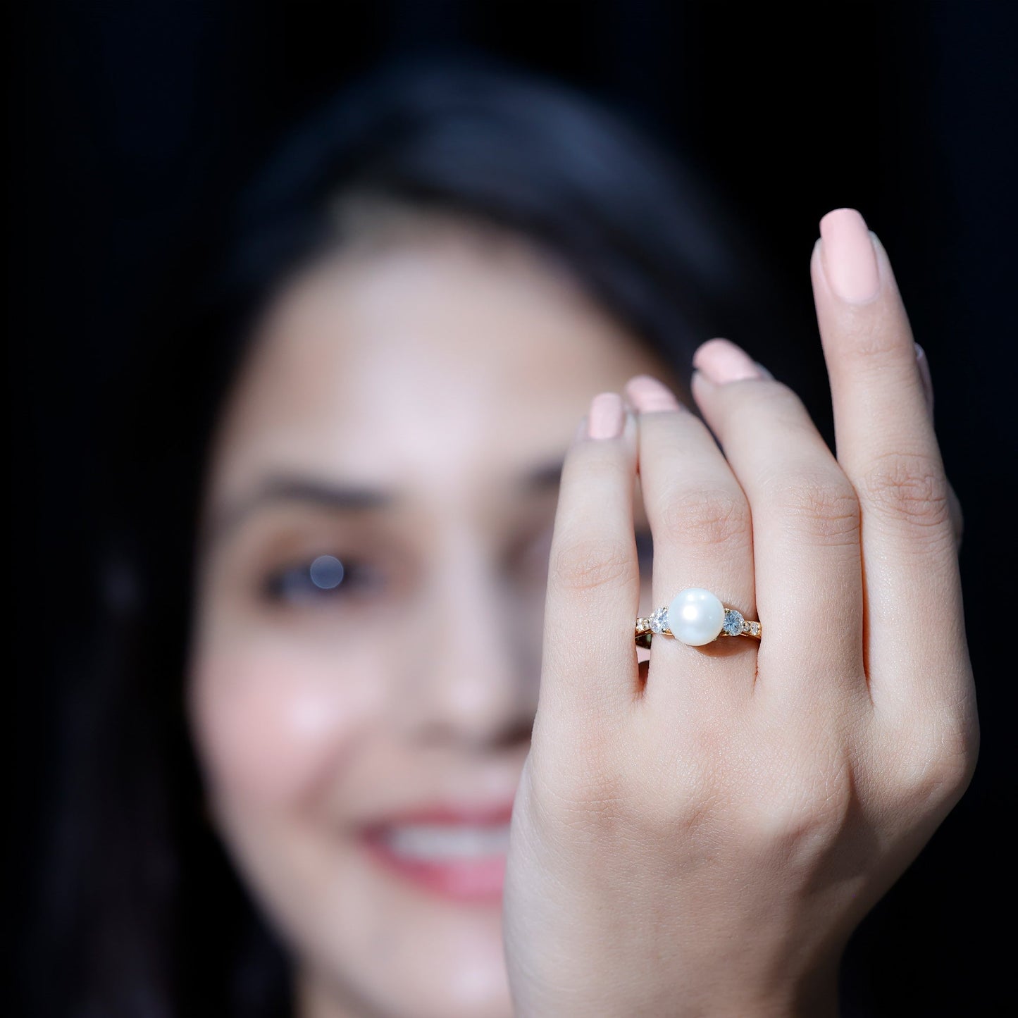 Cultured 7.4 Carat Freshwater Pearl Engagement Ring with Moissanite