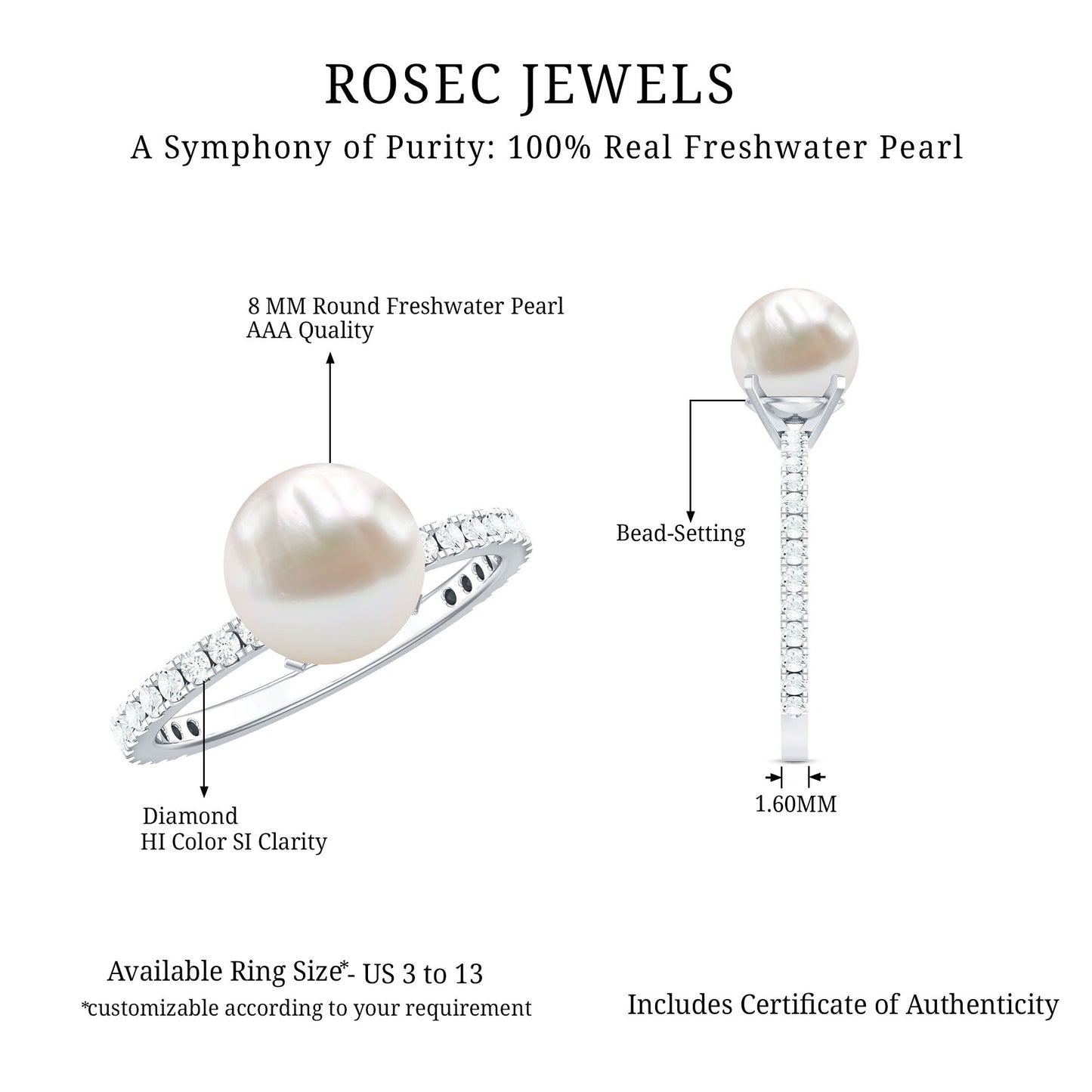 7.4 Carat Freshwater Pearl Solitaire Engagement Ring with Diamond