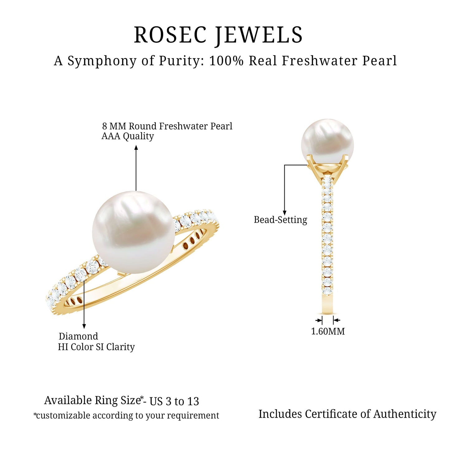 7.4 Carat Freshwater Pearl Solitaire Engagement Ring with Diamond