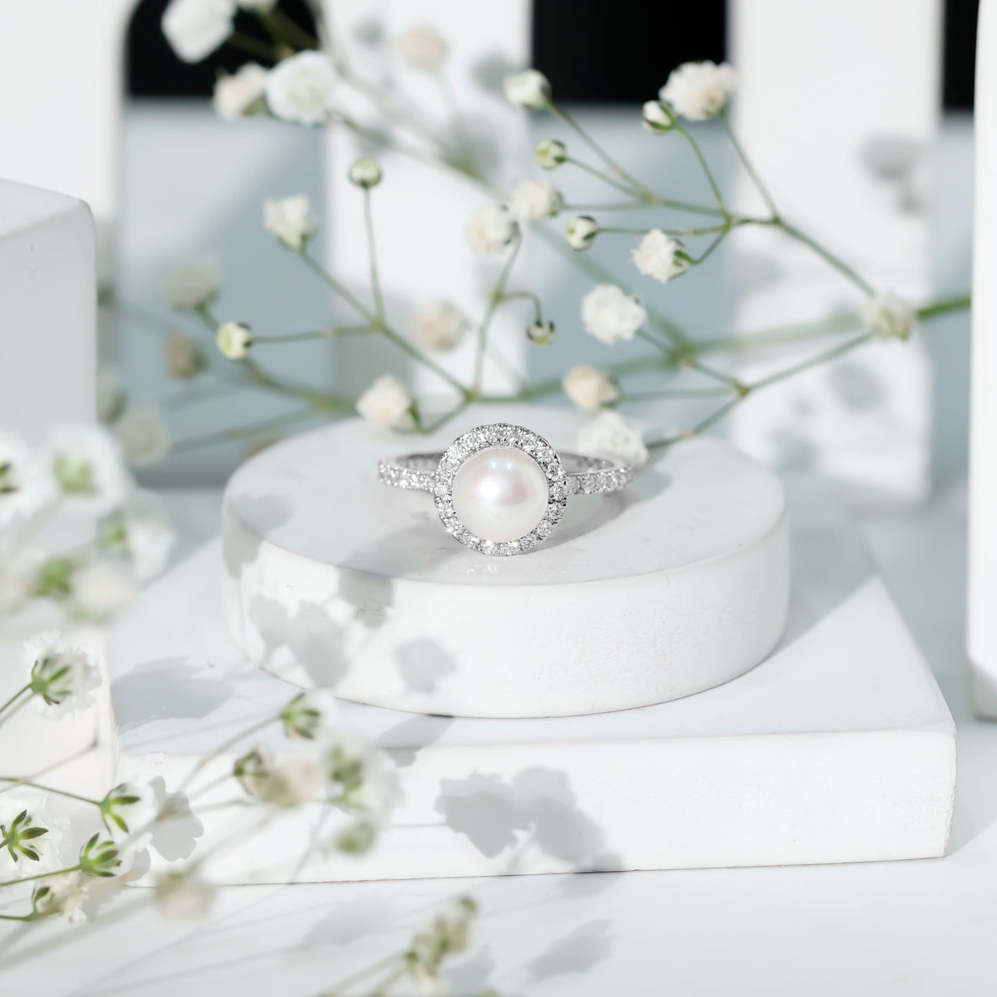 Cultured 7.4 Carat Freshwater Pearl Diamond Engagement Ring with Halo