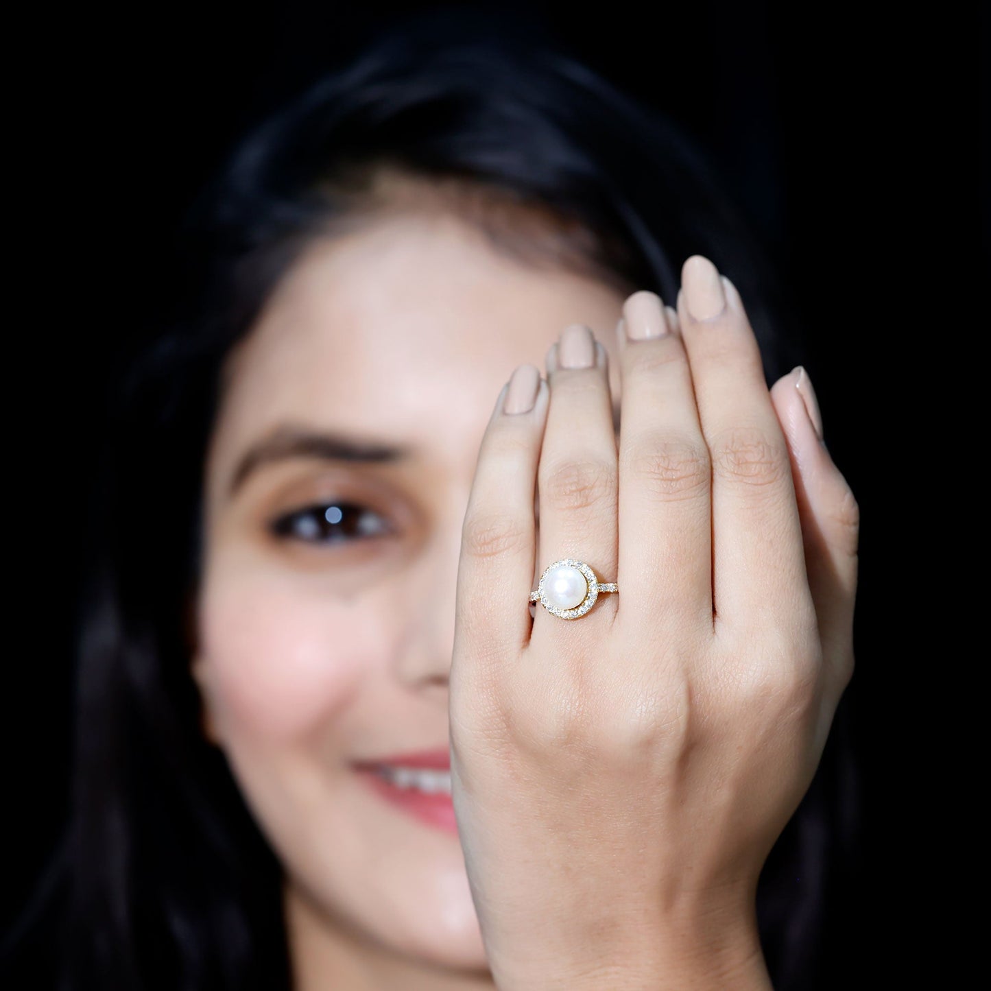 Cultured 7.4 Carat Freshwater Pearl Diamond Engagement Ring with Halo