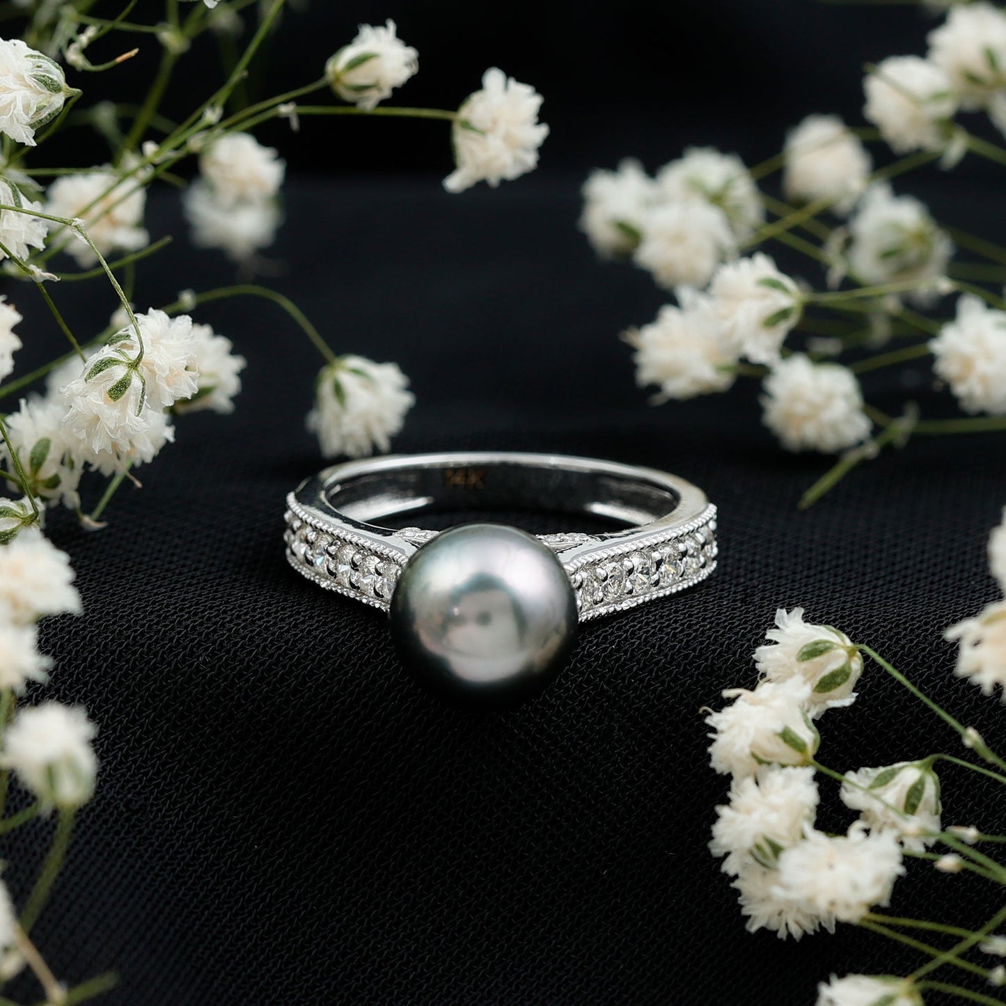 Natural Tahitian Pearl Cathedral Engagement Ring with Diamond Side Stones