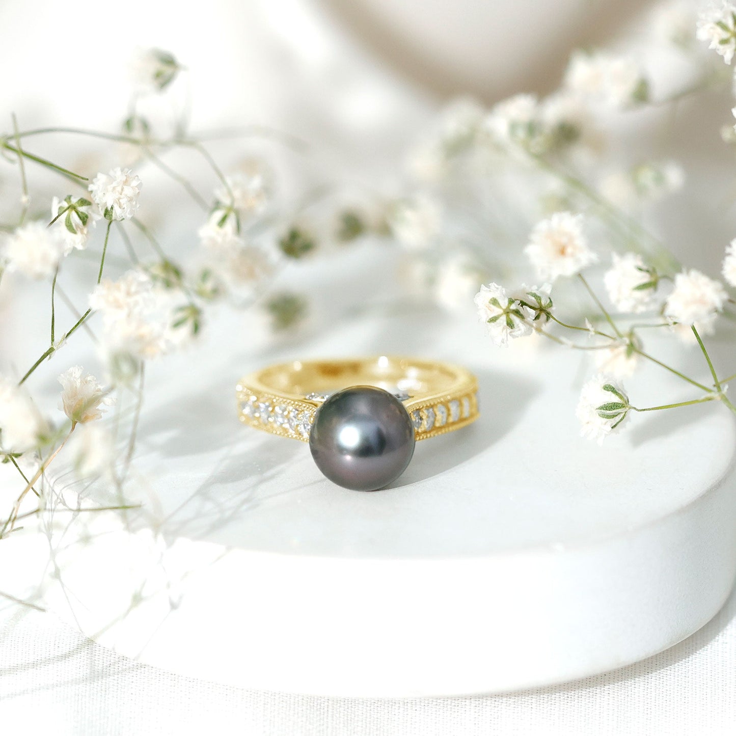 Natural Tahitian Pearl Cathedral Engagement Ring with Diamond Side Stones