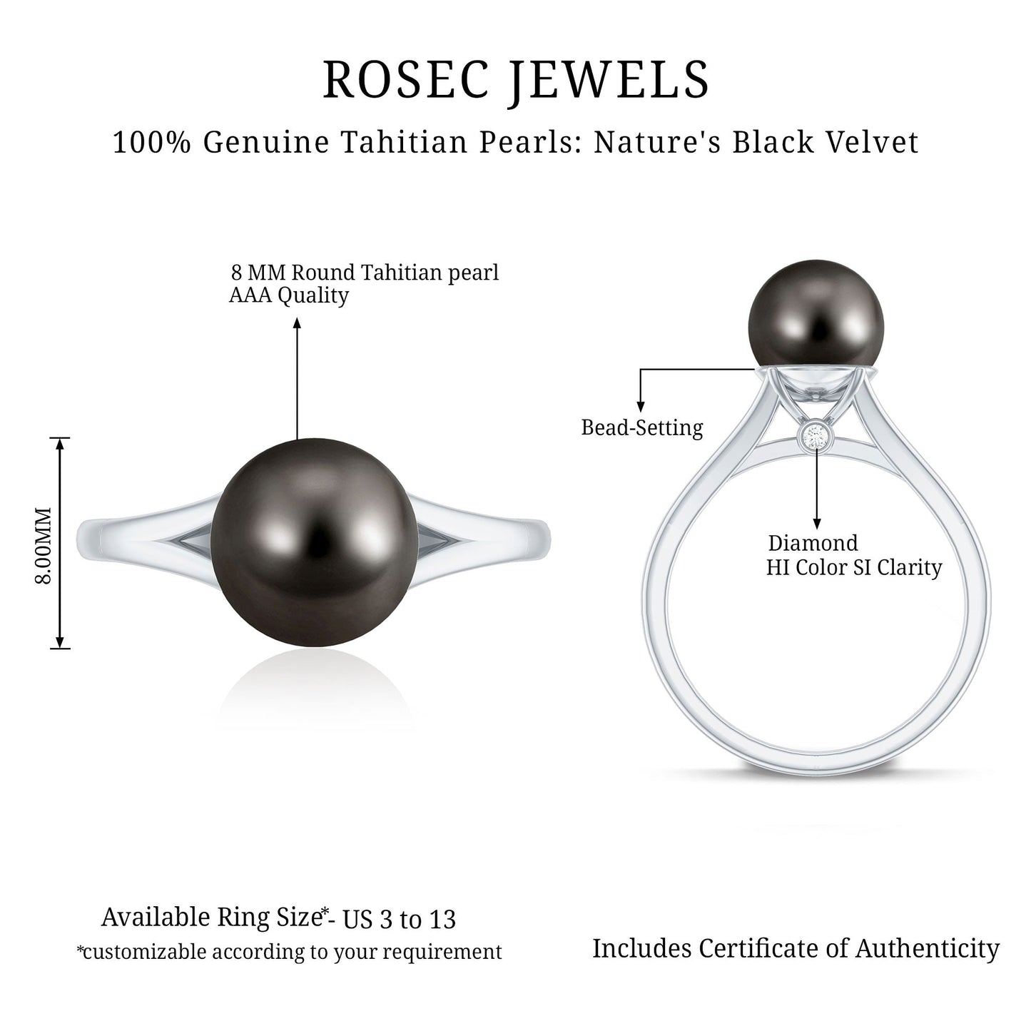 7.5 Carat Genuine Tahitian Black Pearl Cathedral Engagement Ring with Split Shank