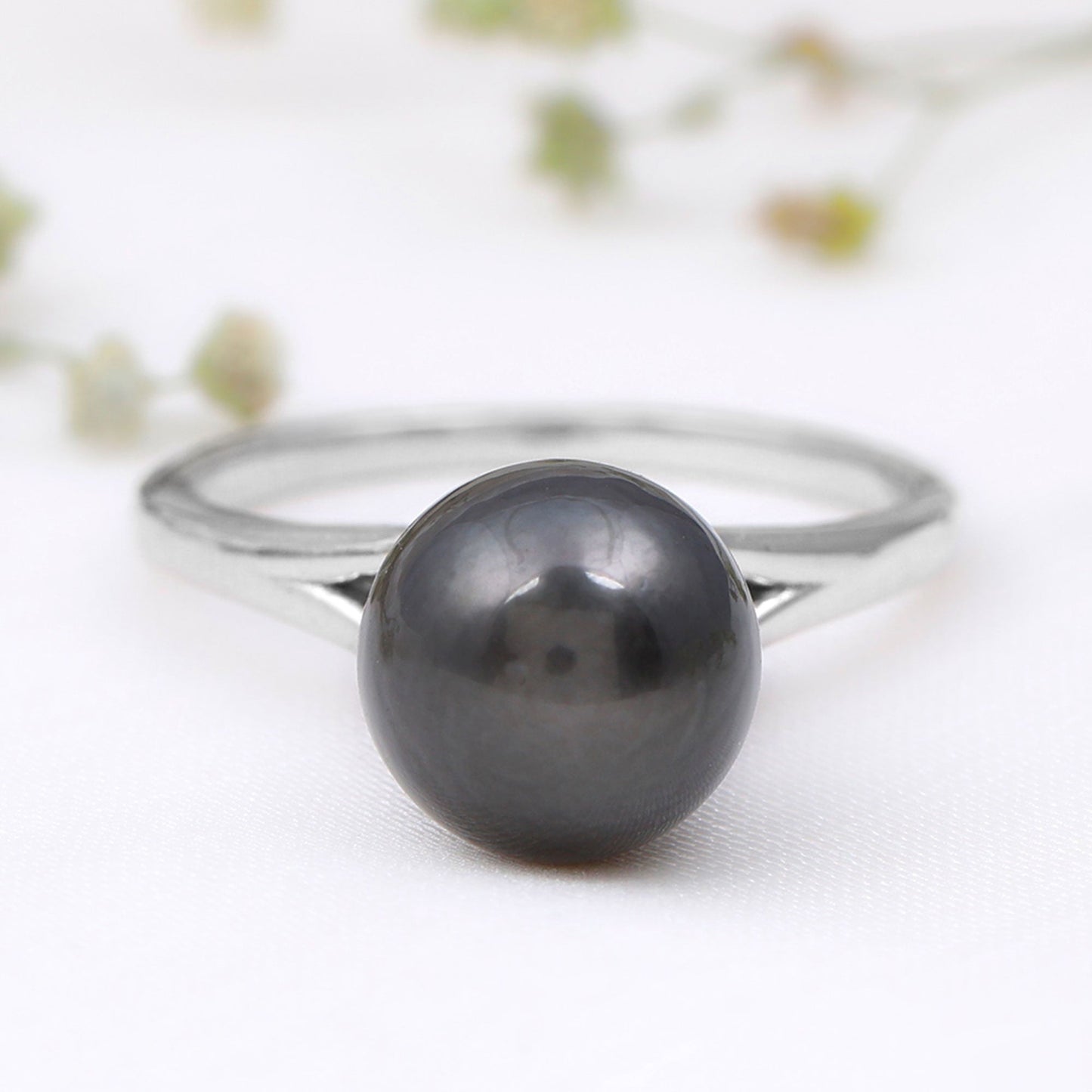 7.5 Carat Genuine Tahitian Black Pearl Cathedral Engagement Ring with Split Shank