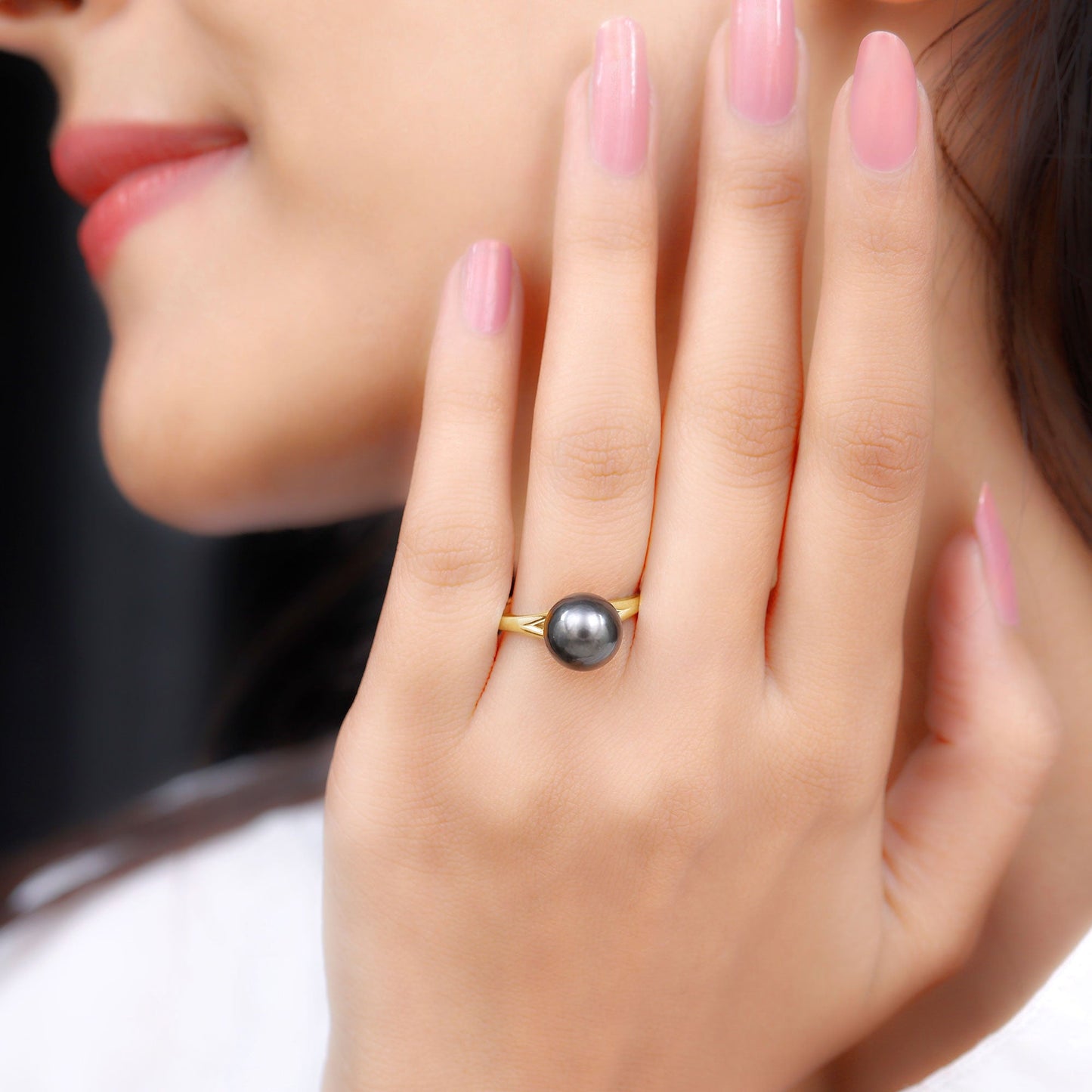 7.5 Carat Genuine Tahitian Black Pearl Cathedral Engagement Ring with Split Shank