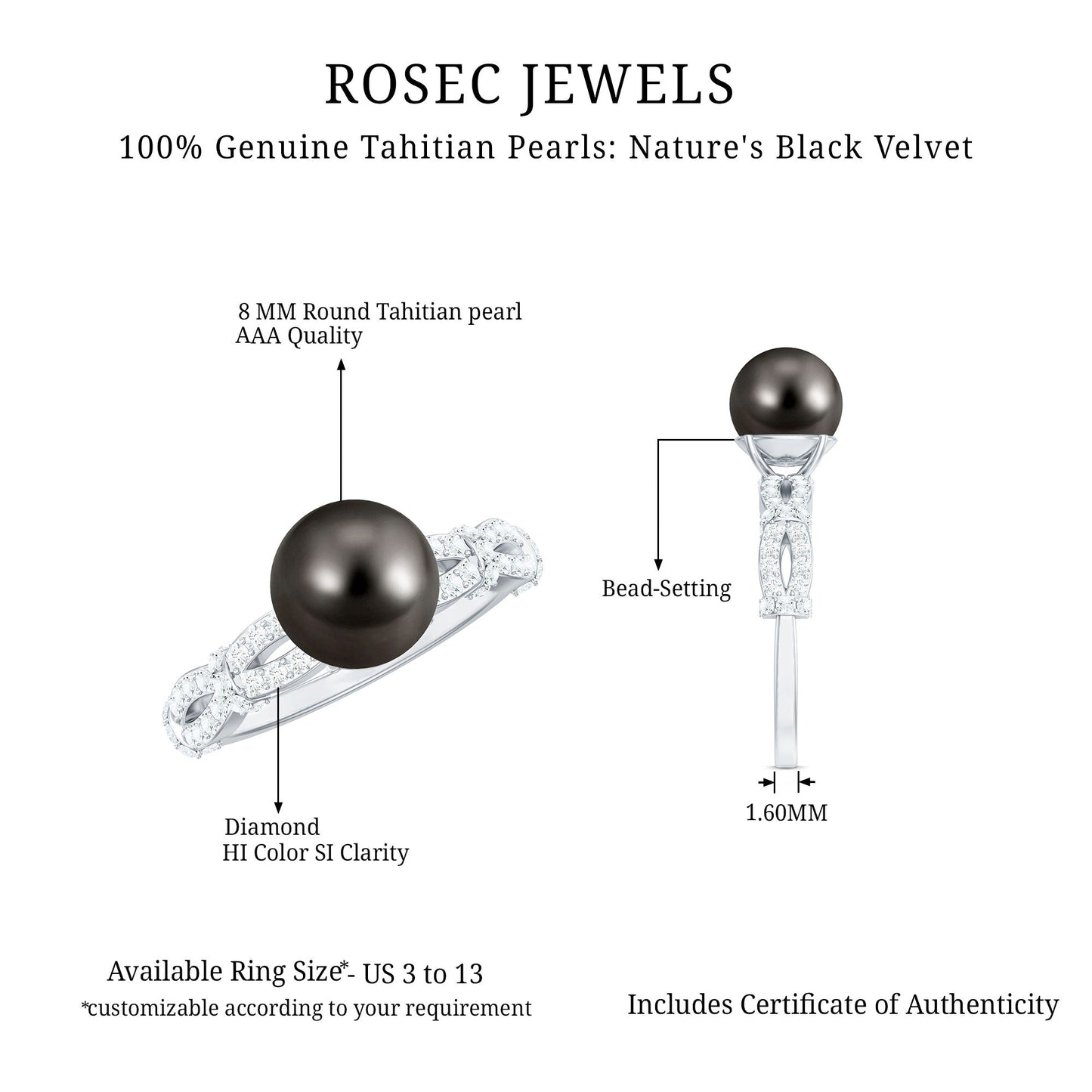 7.5 Carat Genuine Black Pearl and Diamond Engagement Ring