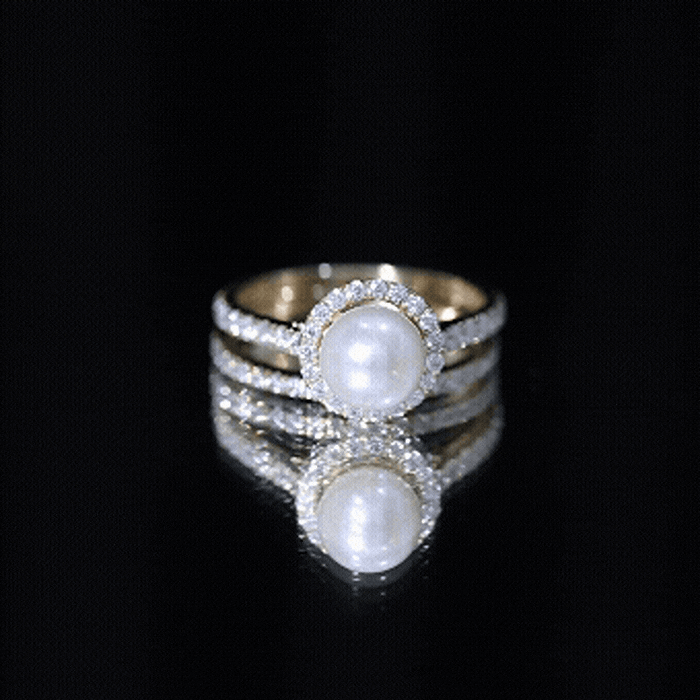 Round Freshwater Pearl and Moissanite Halo Wedding Ring Set