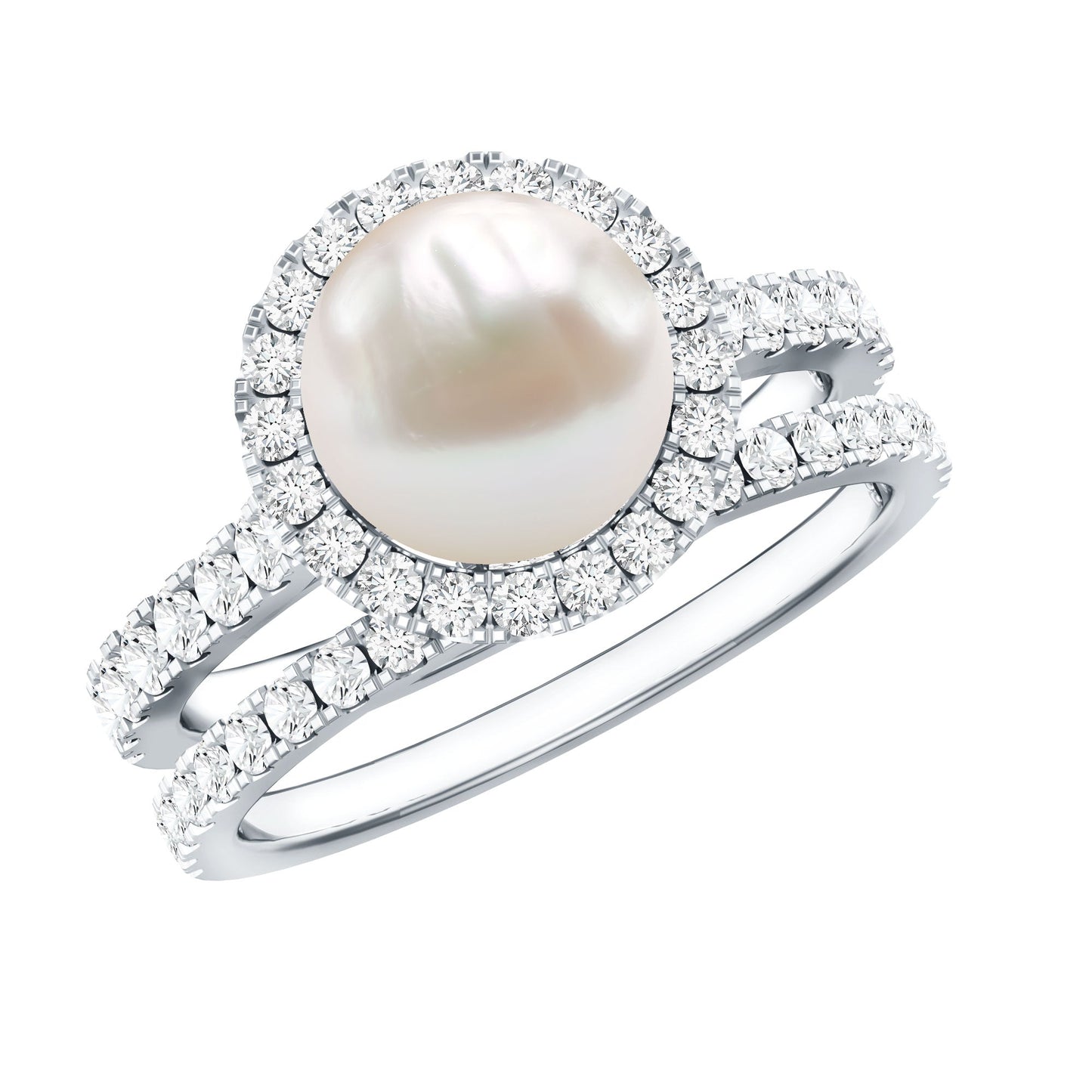 Round Freshwater Pearl and Moissanite Halo Wedding Ring Set