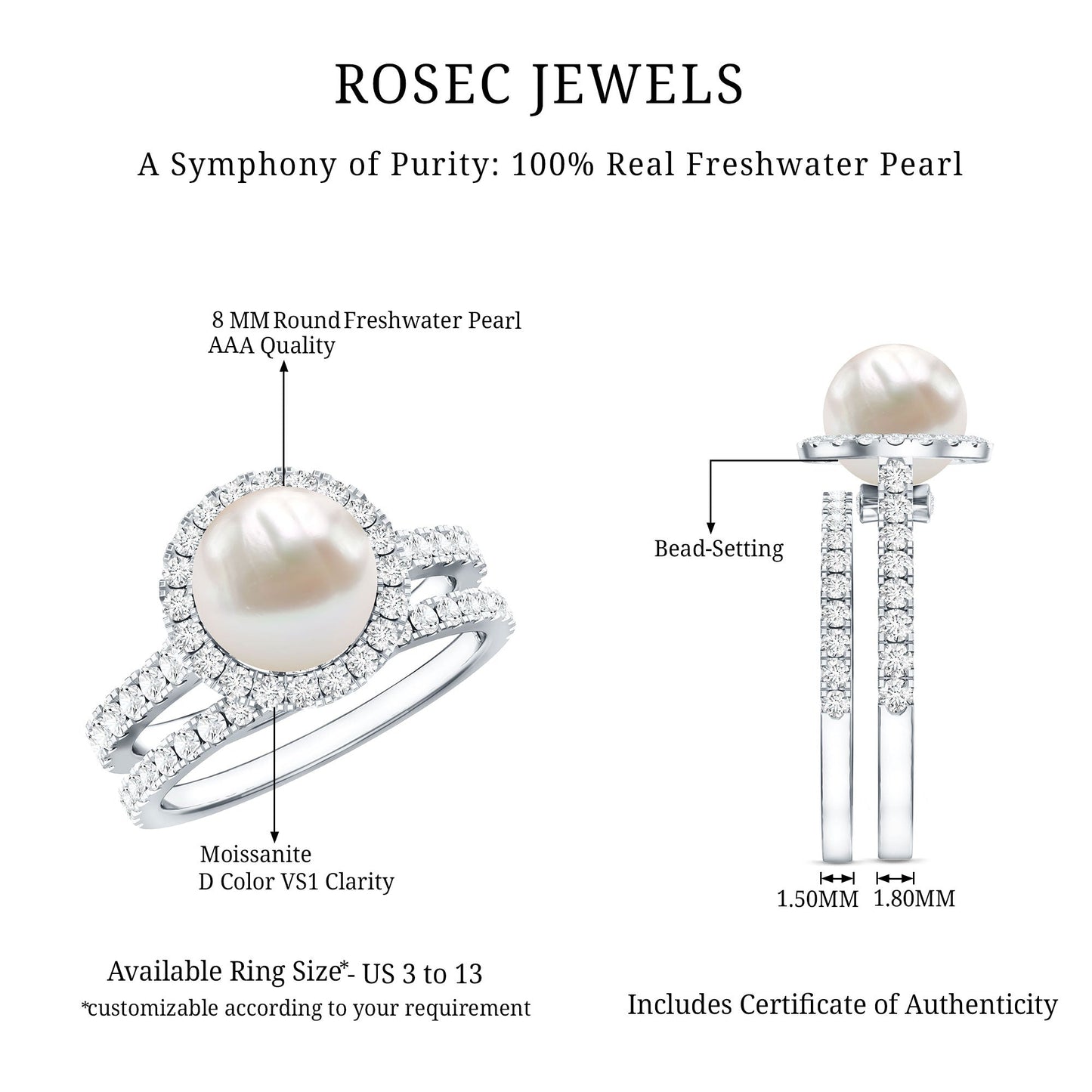 Round Freshwater Pearl and Moissanite Halo Wedding Ring Set