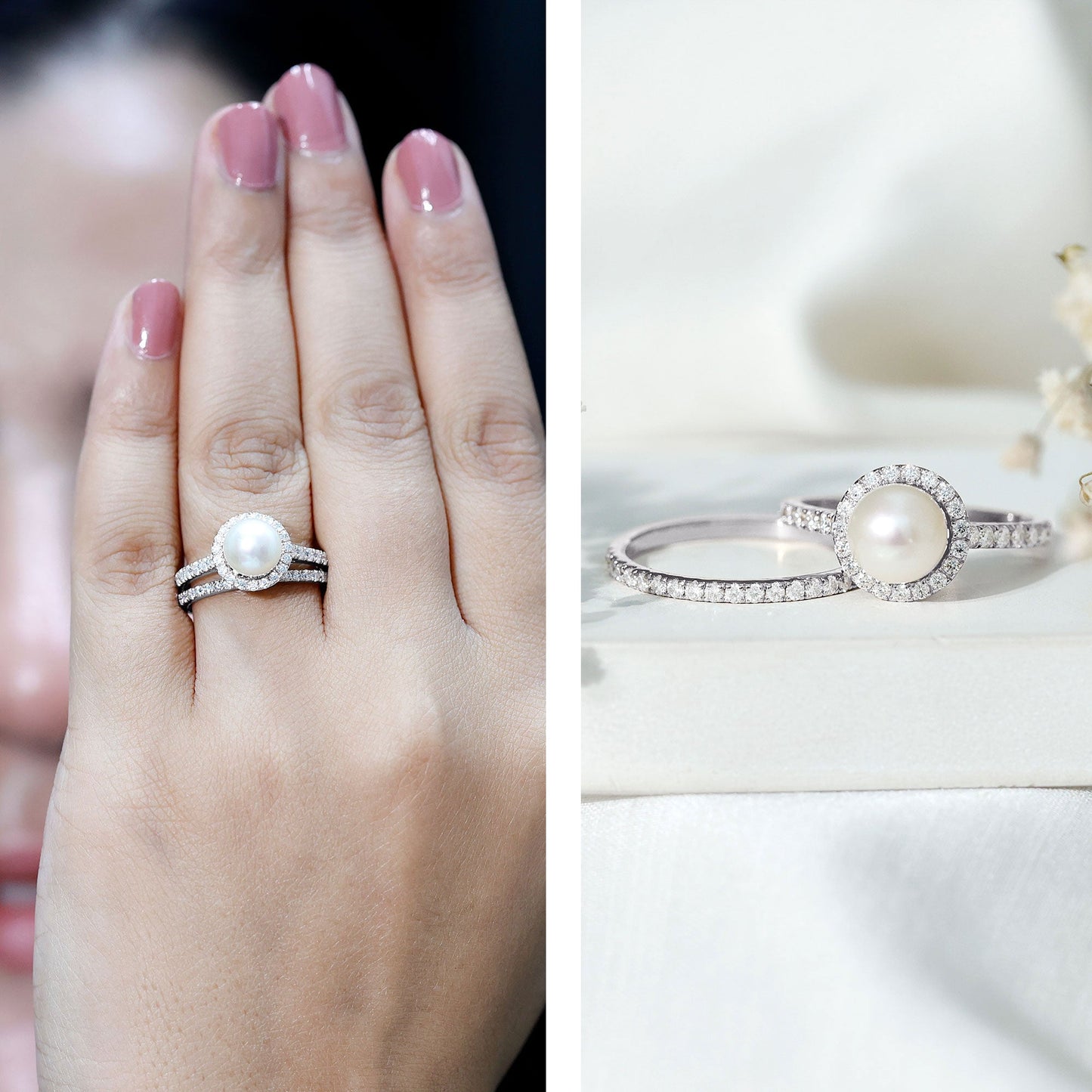 Round Freshwater Pearl and Moissanite Halo Wedding Ring Set