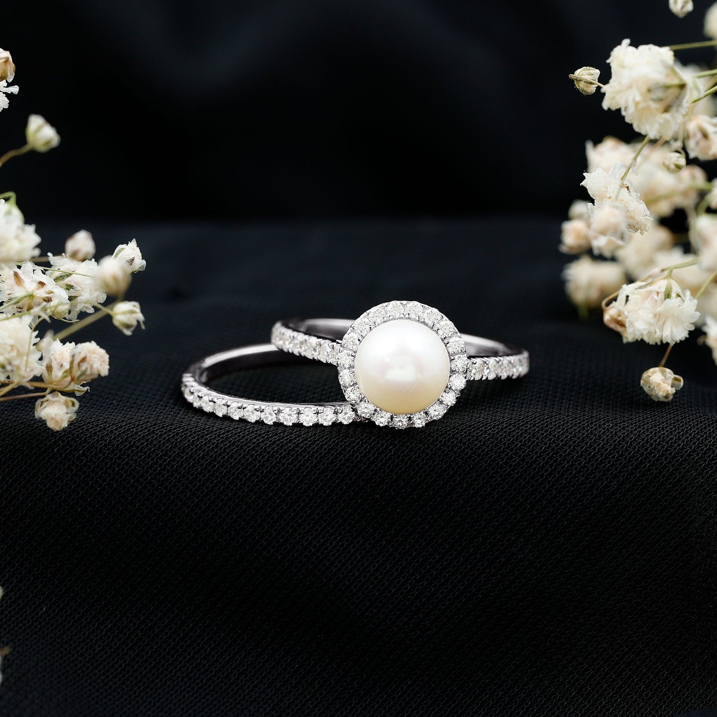 Round Freshwater Pearl and Moissanite Halo Wedding Ring Set