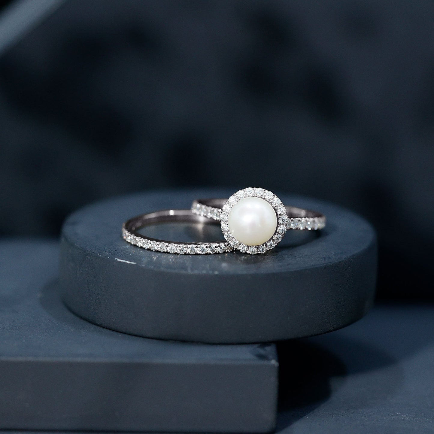Round Freshwater Pearl and Moissanite Halo Wedding Ring Set