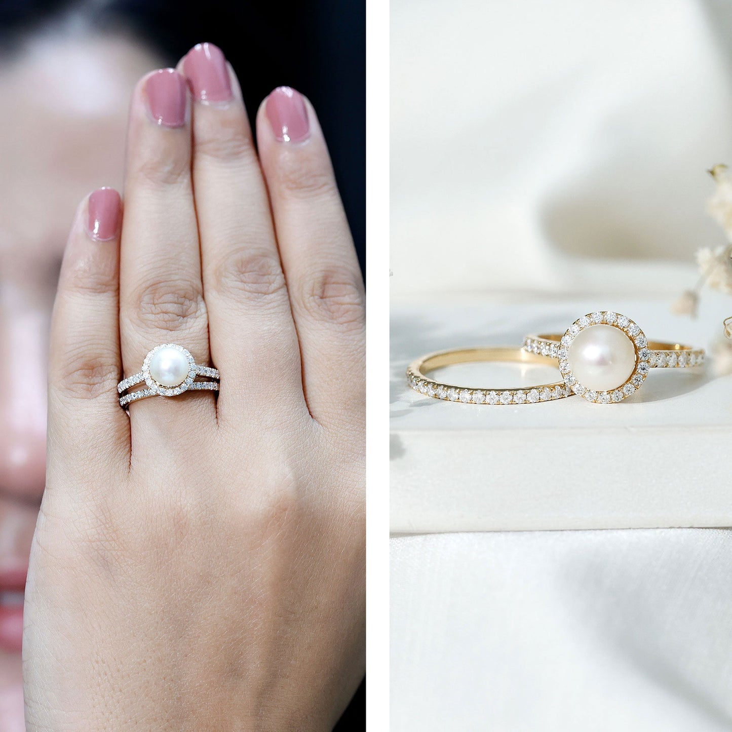 Round Freshwater Pearl and Moissanite Halo Wedding Ring Set