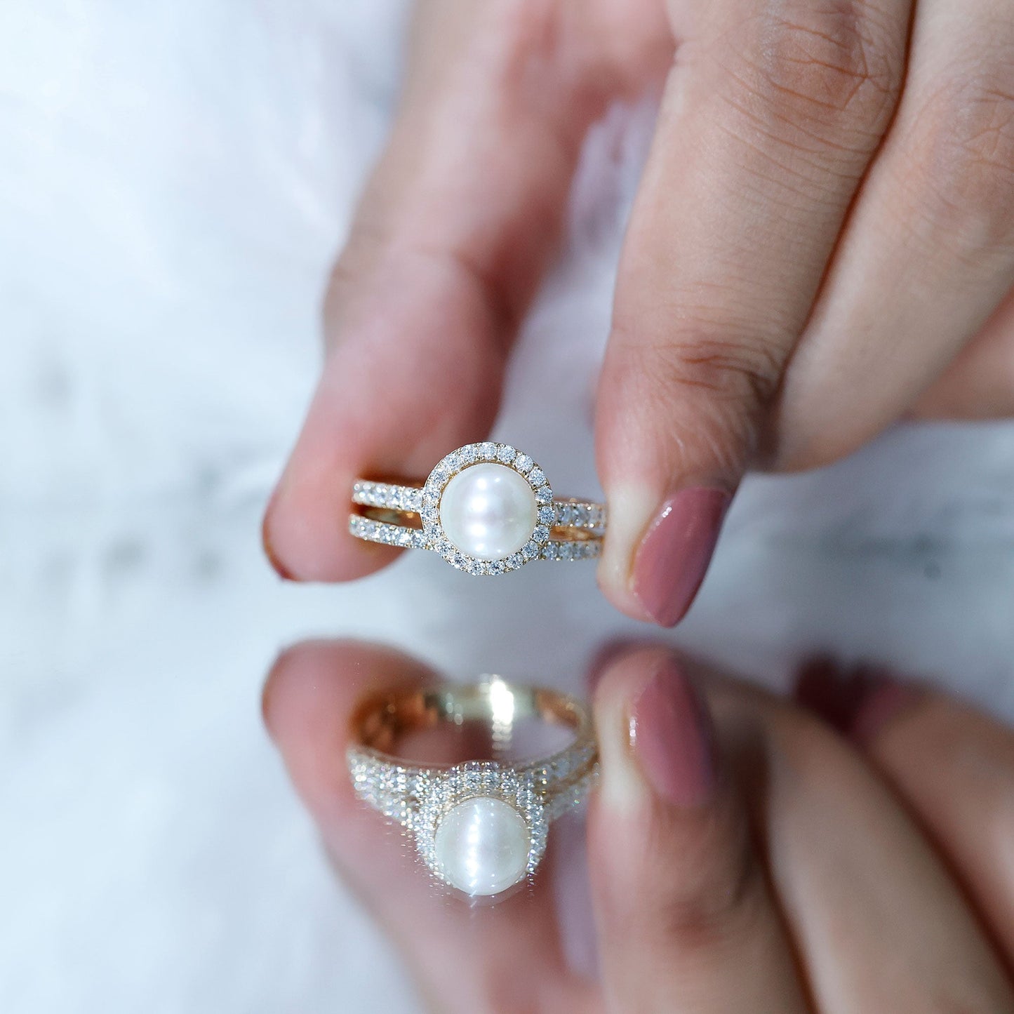 Round Freshwater Pearl and Moissanite Halo Wedding Ring Set