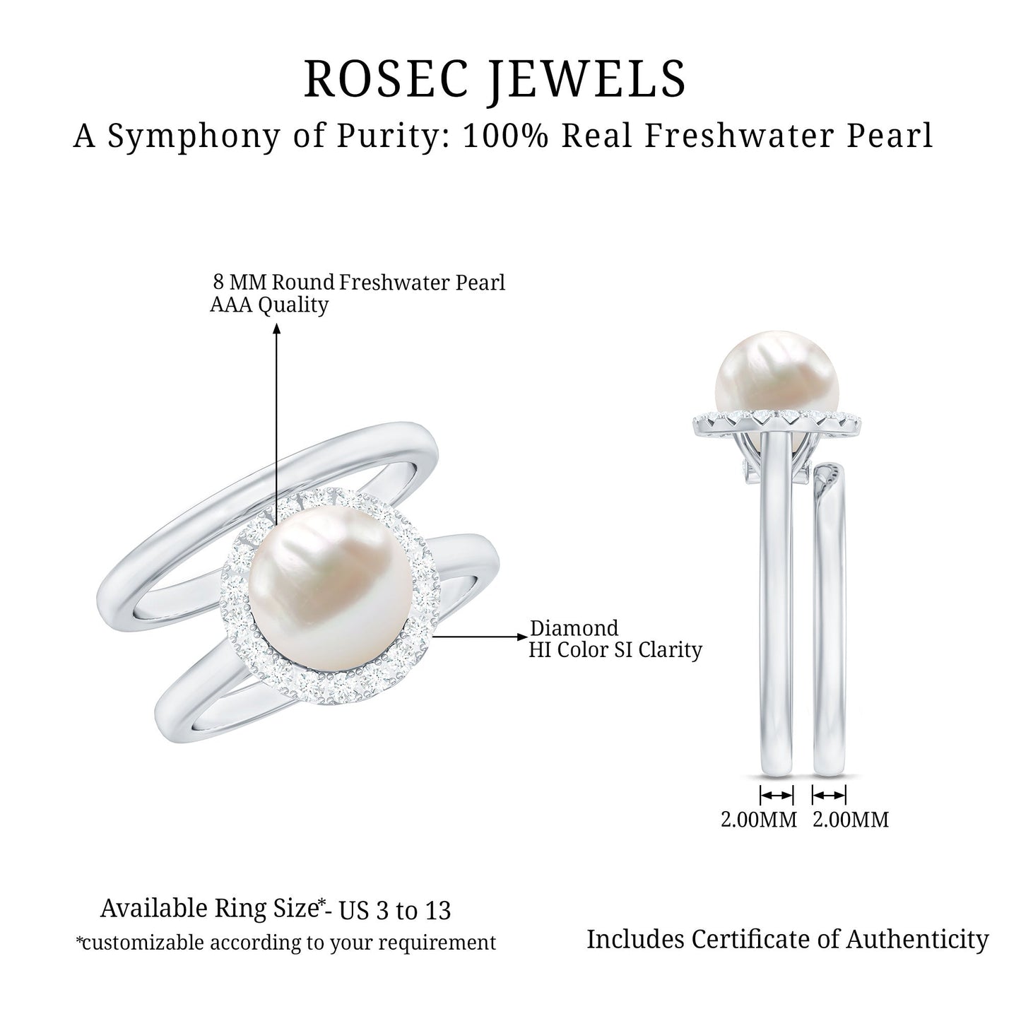 Real 7.4 Carat Freshwater Pearl Diamond Wedding Bridal Ring Set for Women