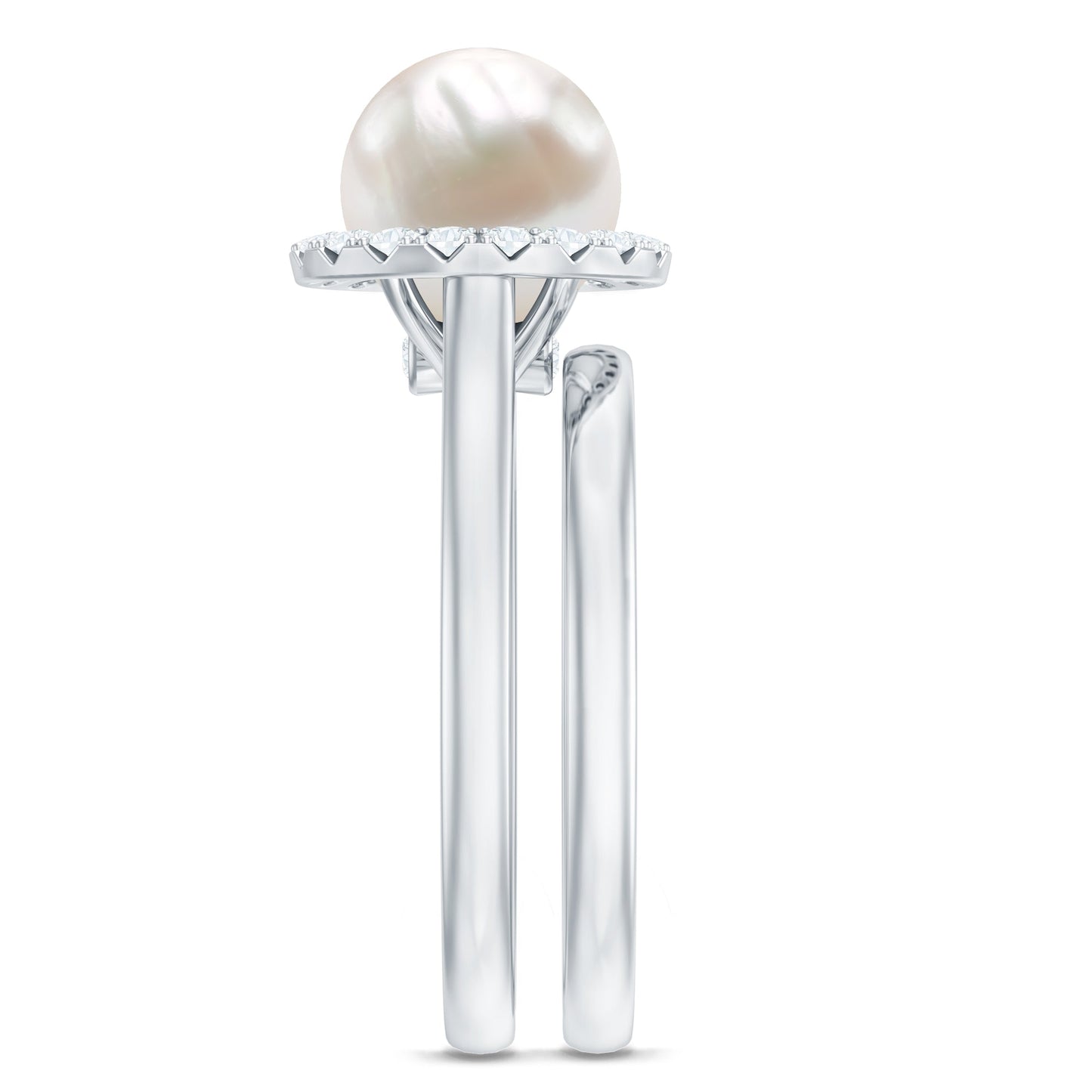 Real 7.4 Carat Freshwater Pearl Diamond Wedding Bridal Ring Set for Women