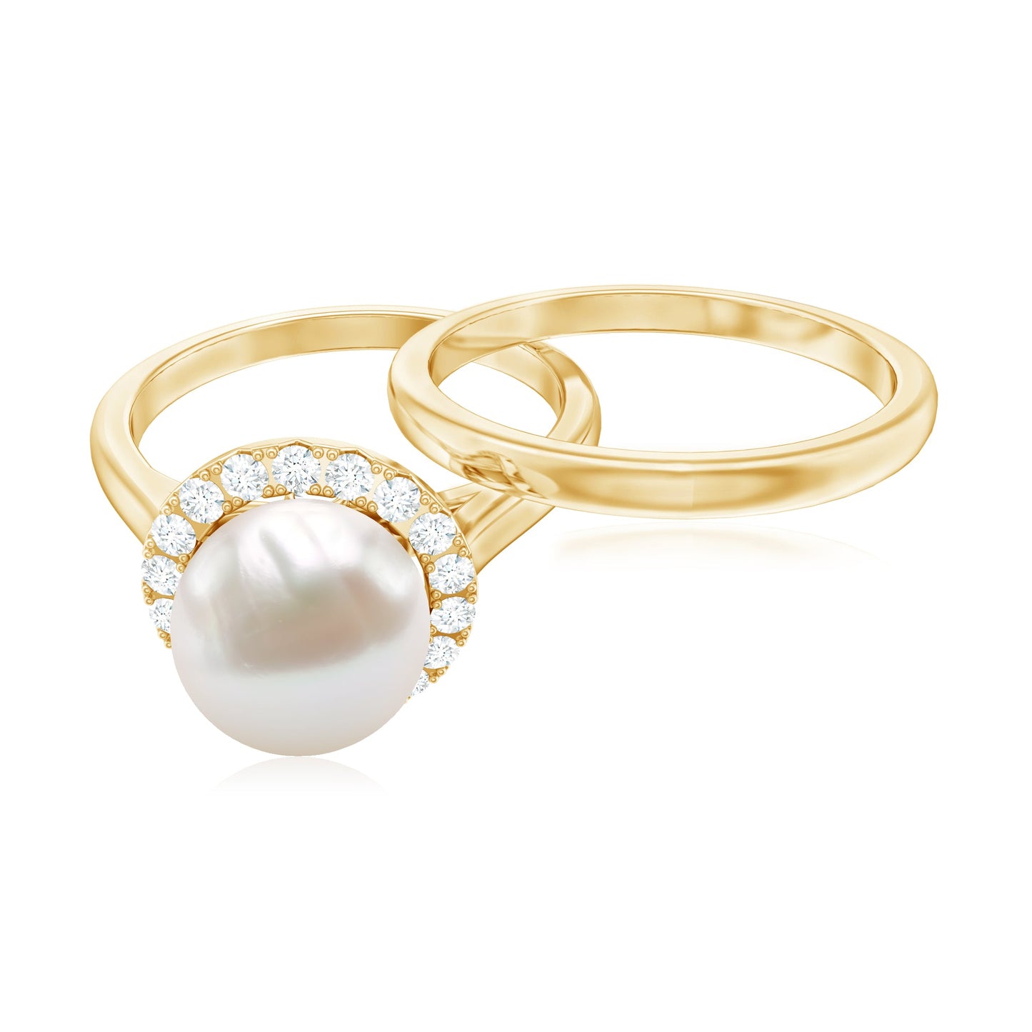Real 7.4 Carat Freshwater Pearl Diamond Wedding Bridal Ring Set for Women