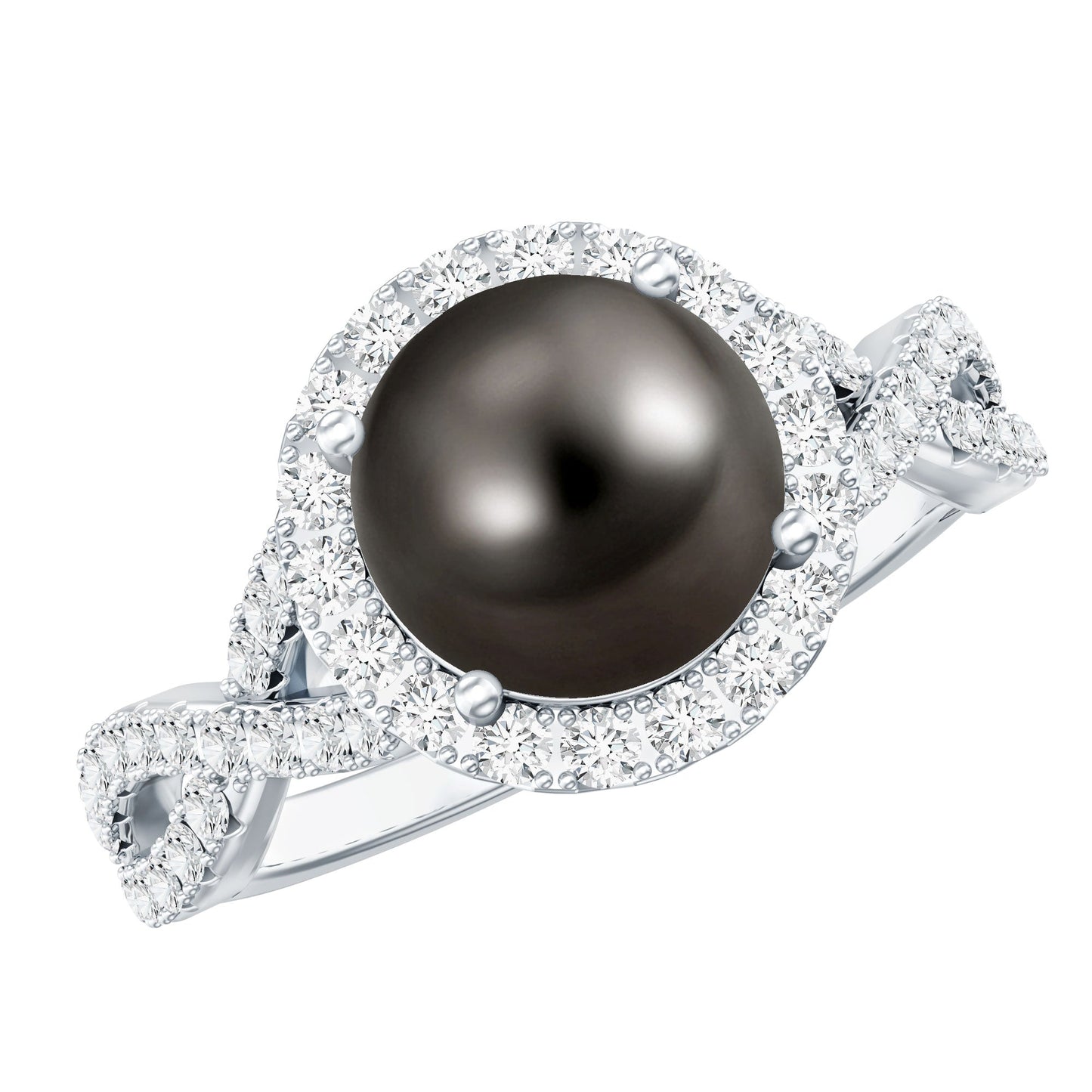 Real Tahitian Pearl and Diamond Crossover Engagement Ring