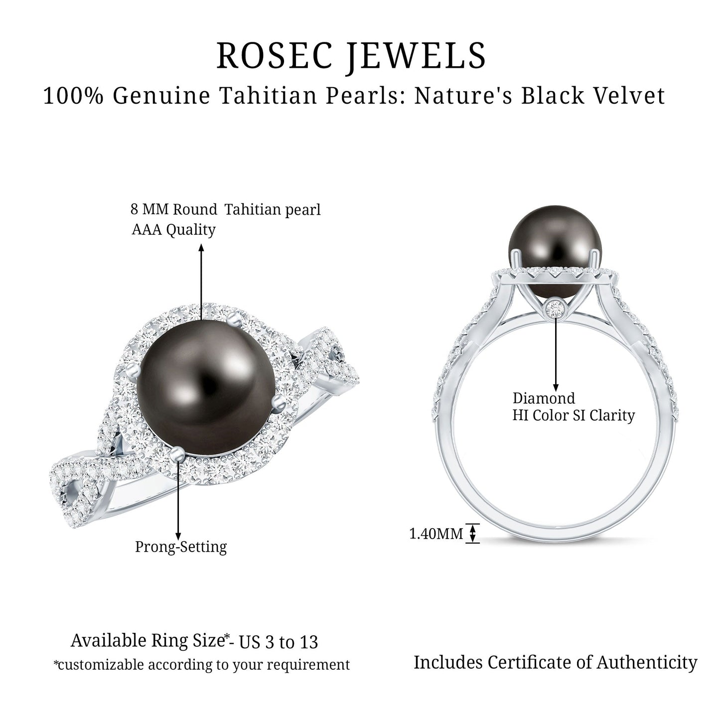 Real Tahitian Pearl and Diamond Crossover Engagement Ring